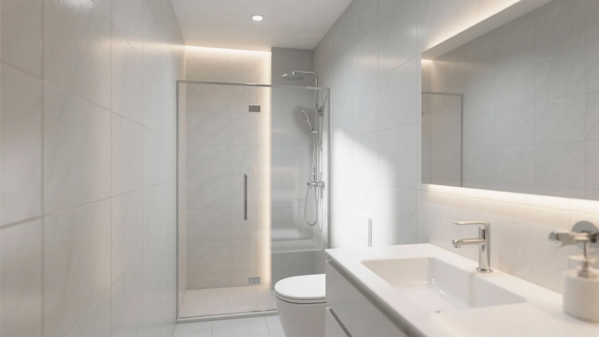 Light Grey, High-LRV Tiles to Brighten Compact Bathrooms