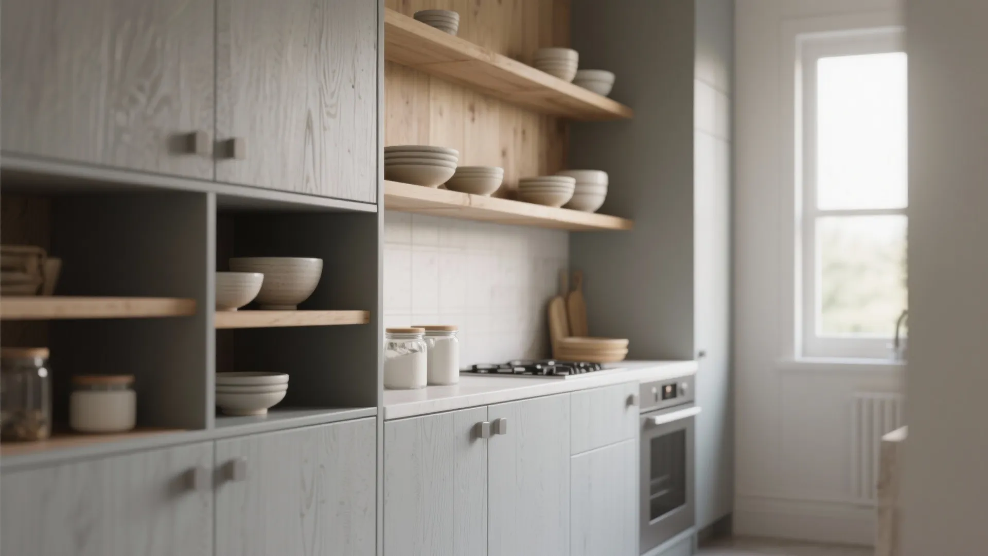 1. Light grey wood with open shelving
