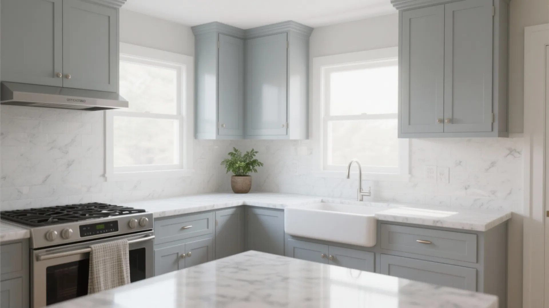 Modern kitchen with light grey cabinets white marble counters large sink windows and stainless steel stove