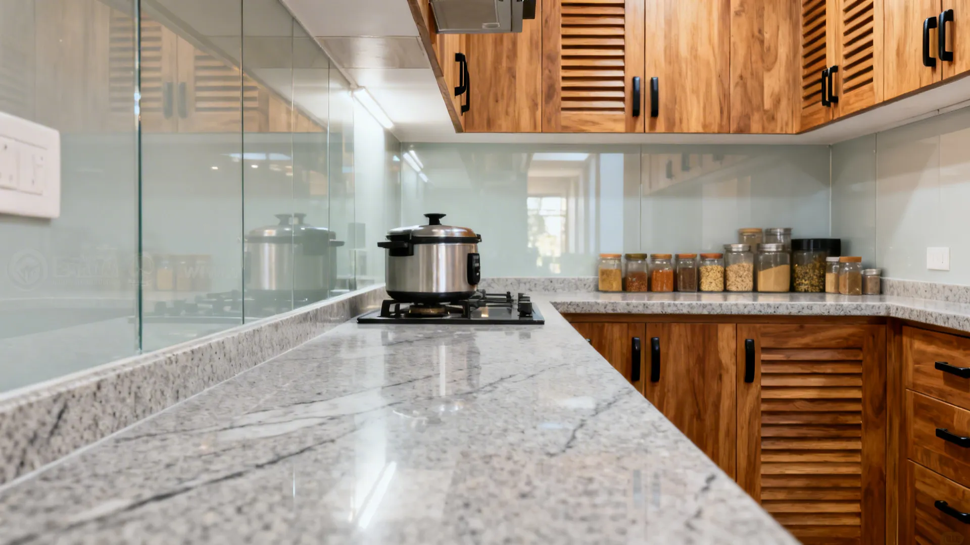 Light-grey quartz countertop with fine grain in a bright Indian galley kitchen with warm wood cabinets.