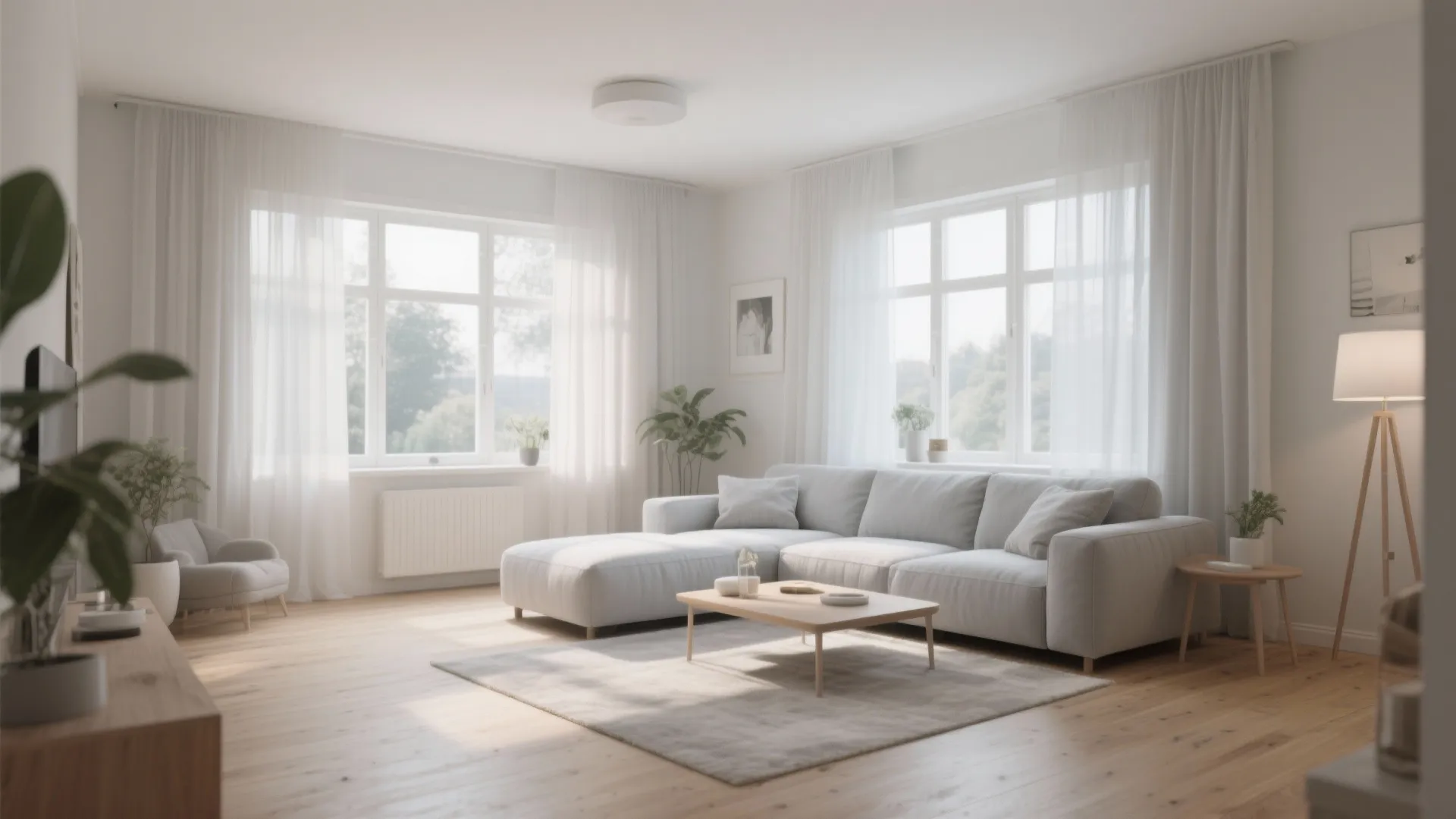 Bright white living room with light grey sofa wooden floor large windows and simple ceiling light