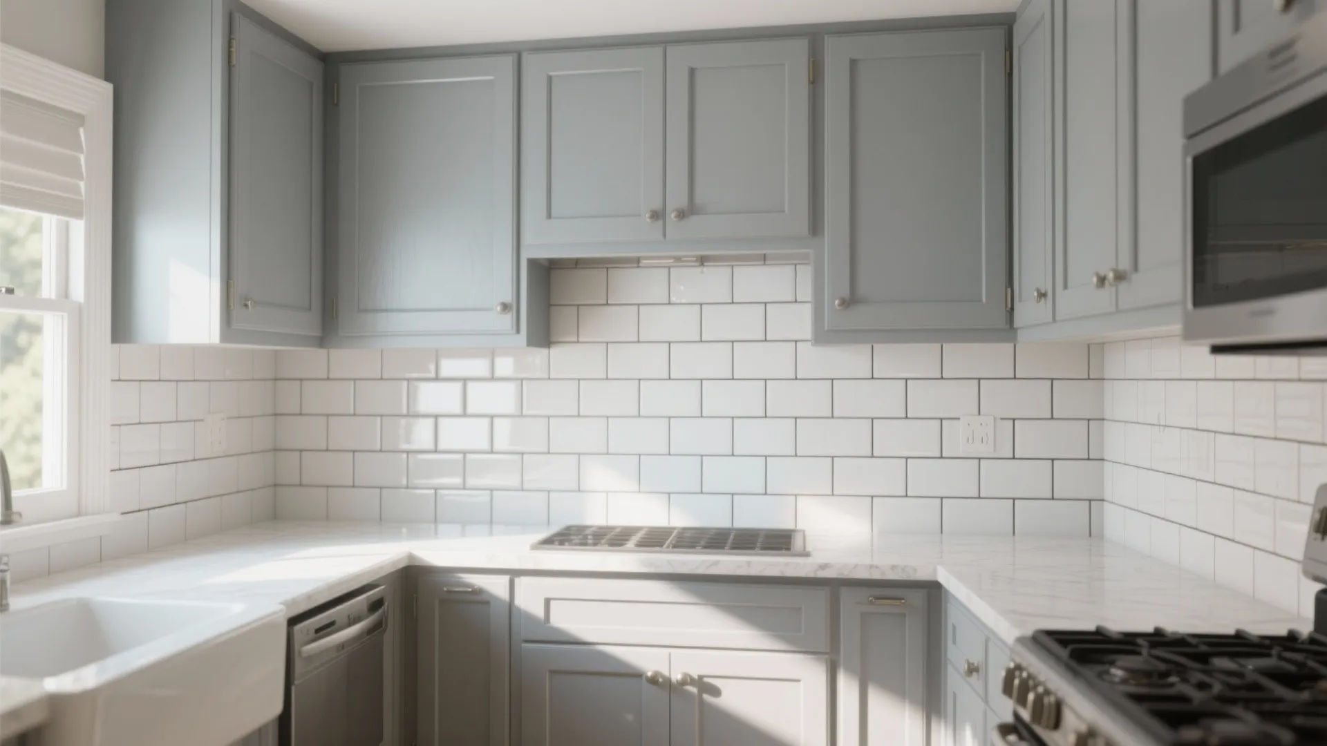 Light grey shaker kitchen with glossy white subway tile backsplash and darker grout