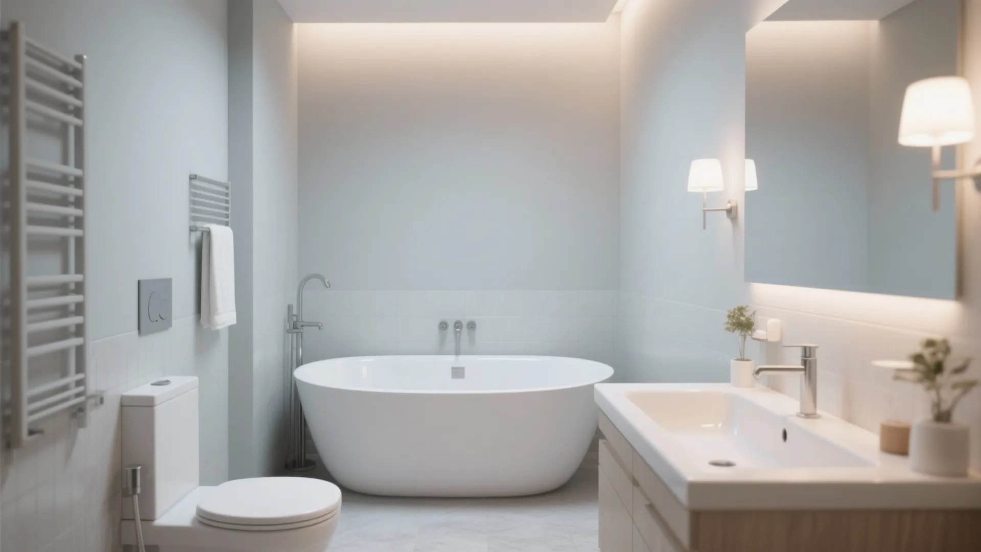 Bright bathroom with white bathtub wooden cabinet sink toilet and two small wall light fixtures