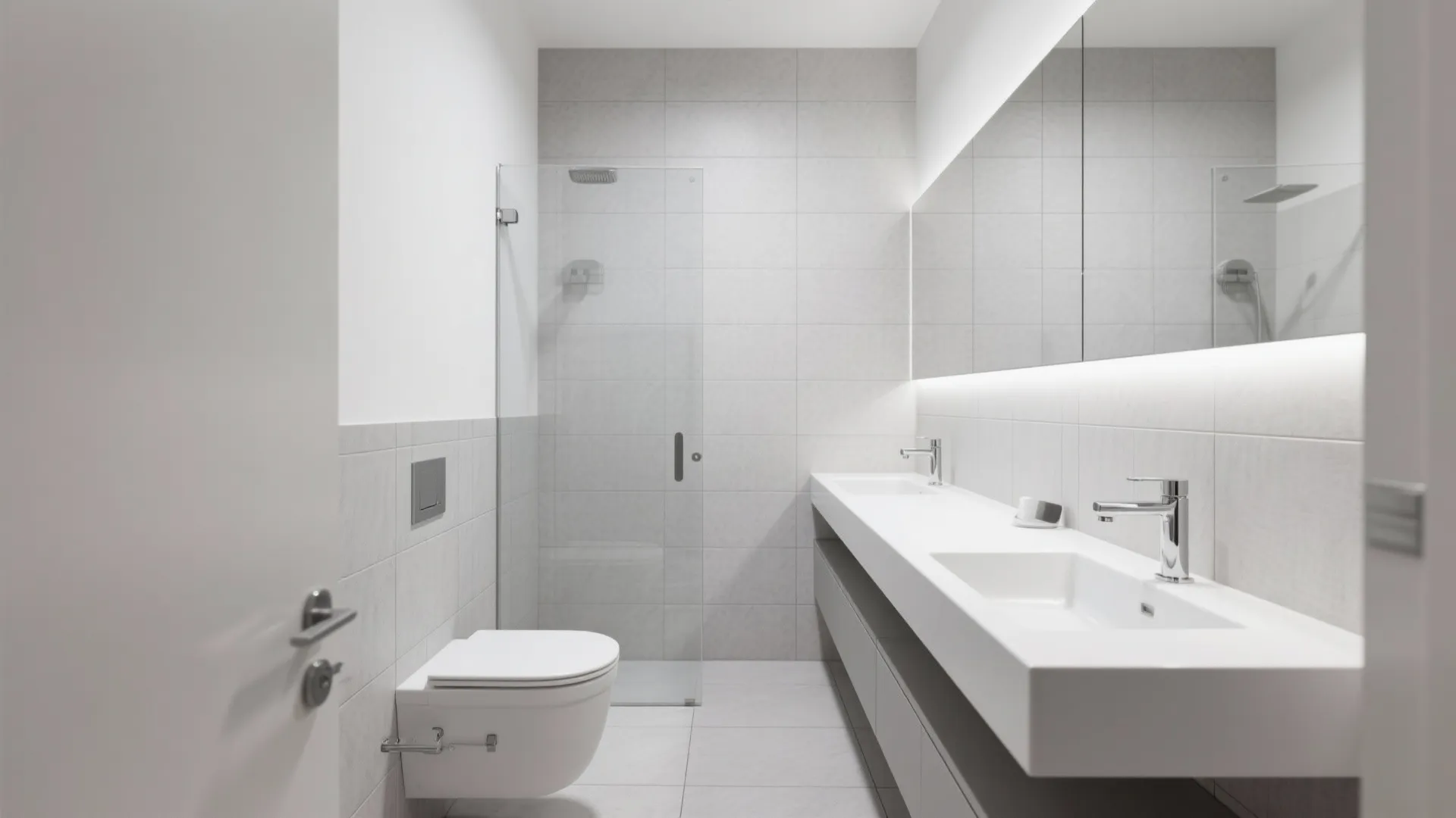 Modern white bathroom featuring hanging toilet glass shower door double sink vanity mirror and lighting