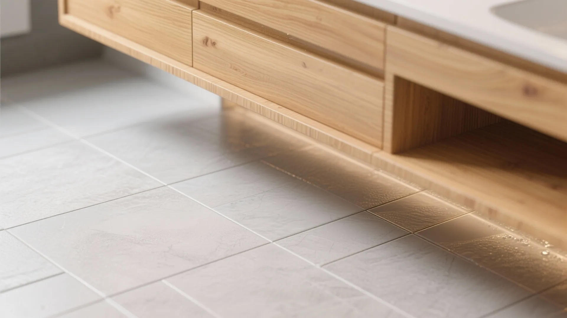 1. Light grey tiles + warm wood vanity