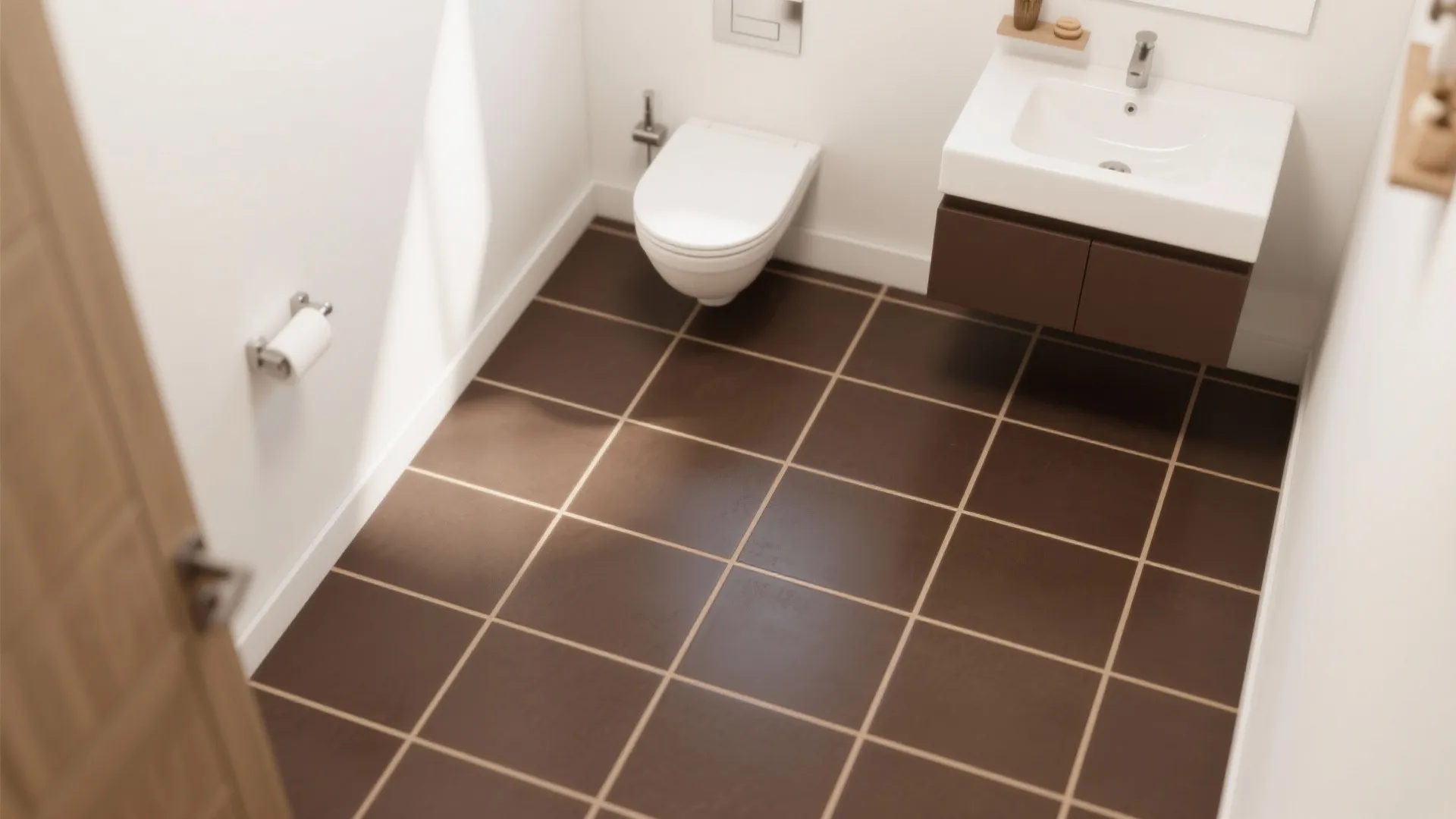 Chocolate-brown tiles with light latte grout lines create crisp contrast in a small bathroom