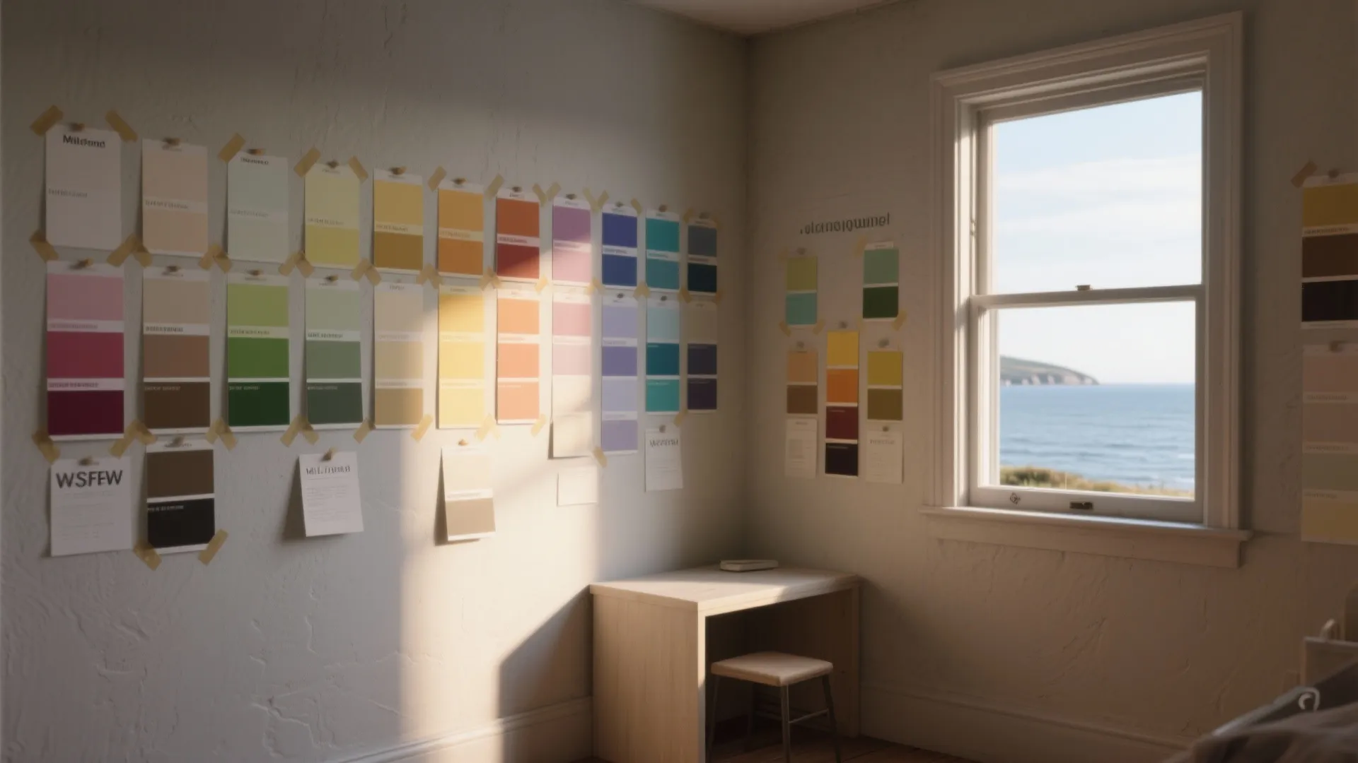 Paint swatches on a full wall showing how coastal Milford light changes color tones through the day.