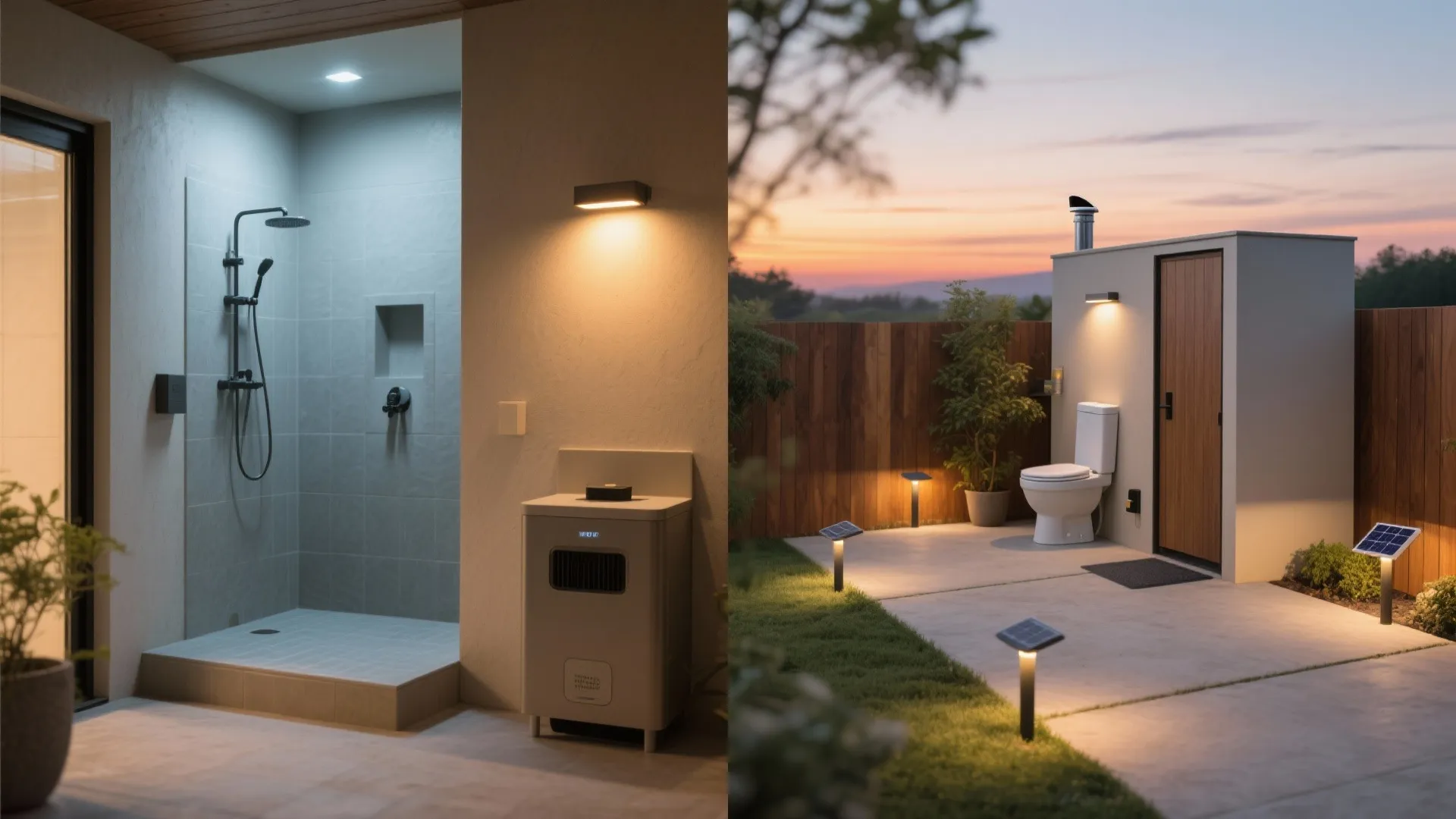Modern outdoor shower and toilet area lit by wall lights and solar powered ground lights
