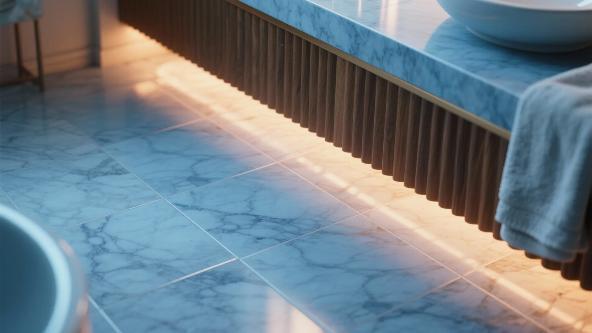 Bathroom vanity with blue marble top wood wall panel warm light strip and marble floor