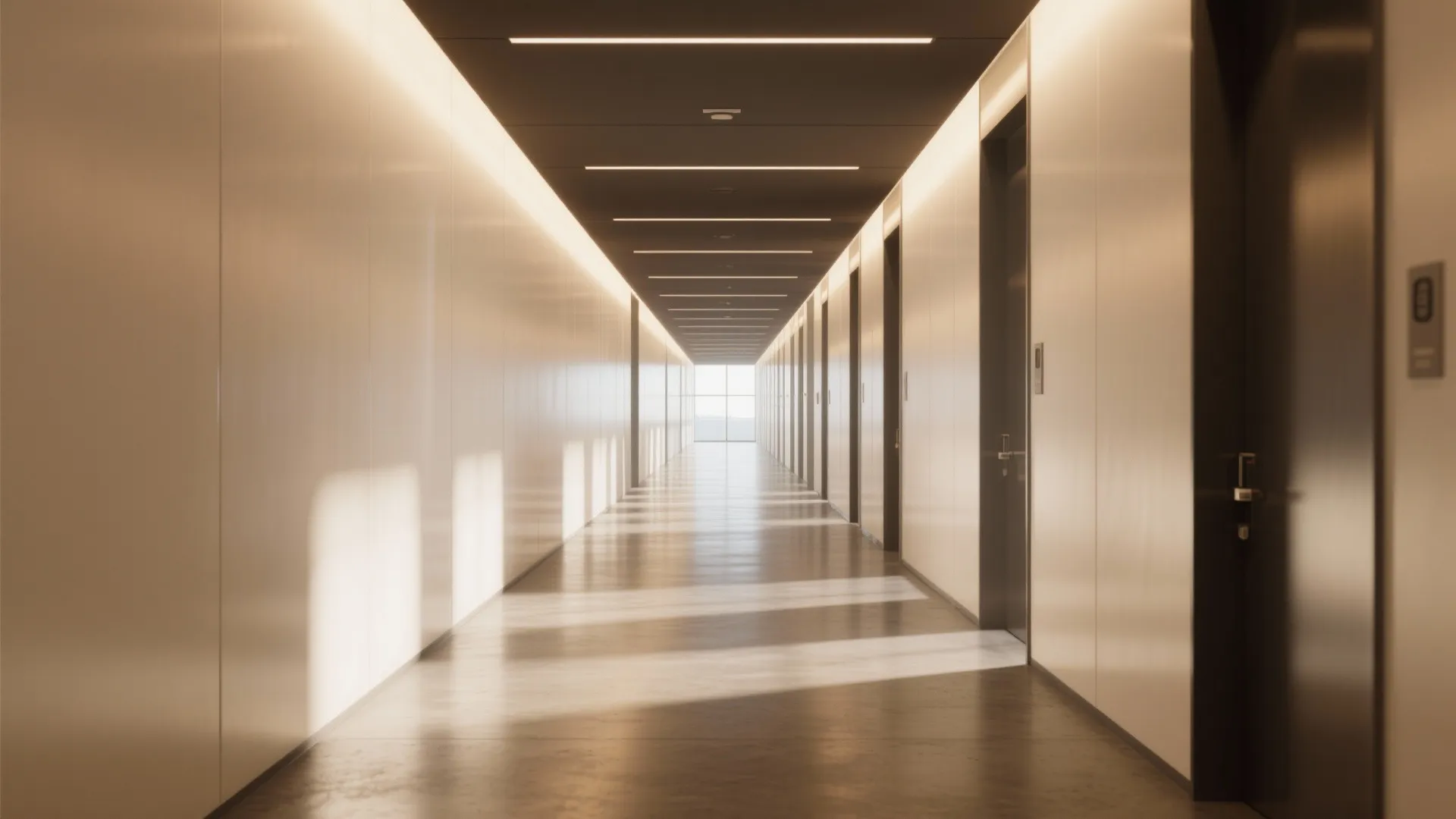 Long modern hallway with white walls dark doors warm ceiling lights and shadows on floor