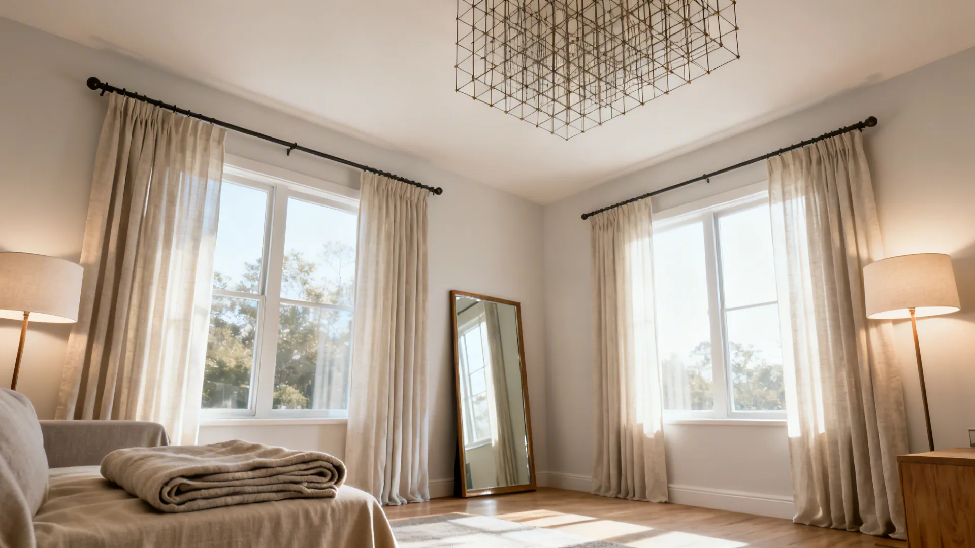 Living room with raised curtains, mirror opposite window, and textiles adding height and light.