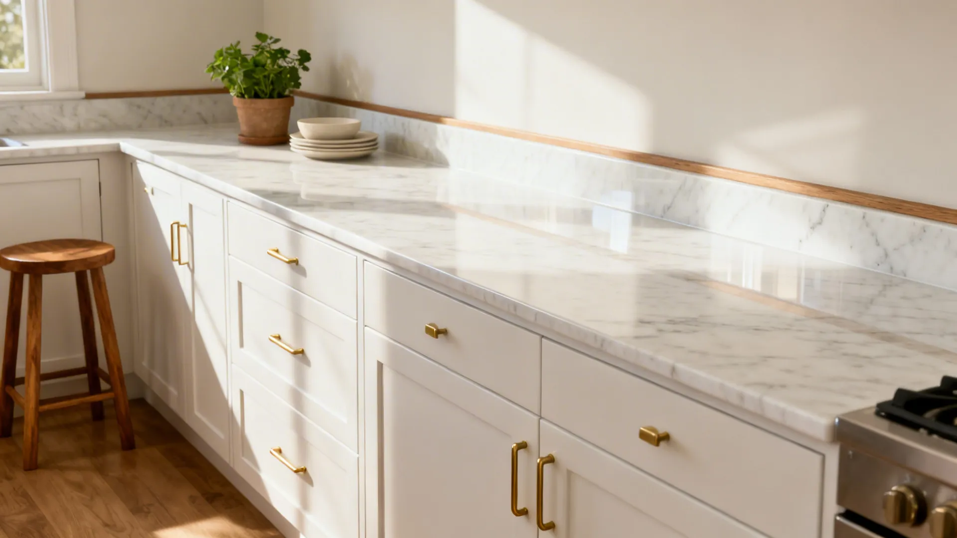 Small Delhi kitchen with light Makrana marble countertop and slim full-height backsplash.