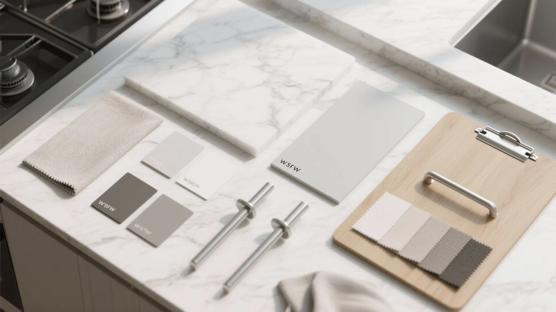 Light kitchen palette with white, pale oak, and soft grey materials