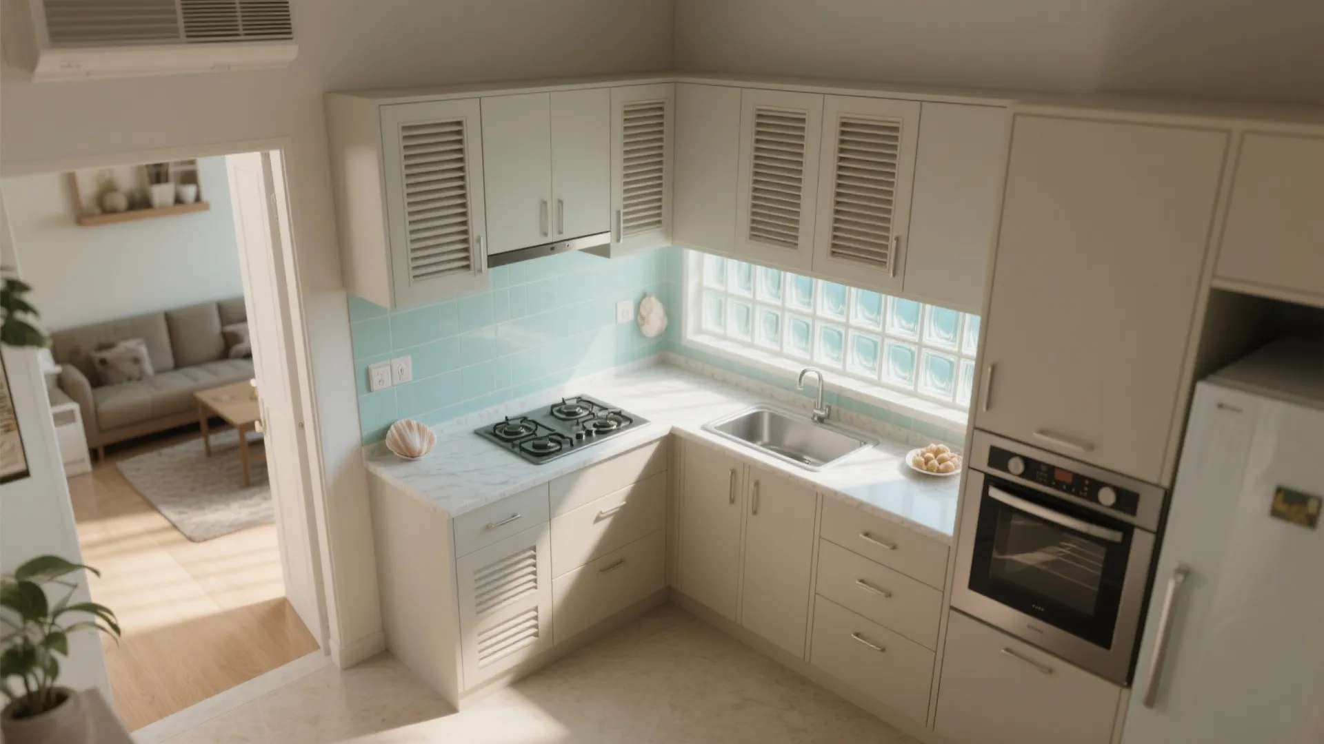 A light-soaked kitchen: galley or L-shaped with a breathable backsplash