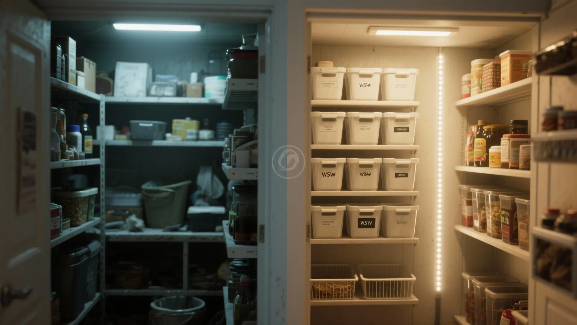 Before and after comparison of a dark messy pantry versus organized shelving with bright lights