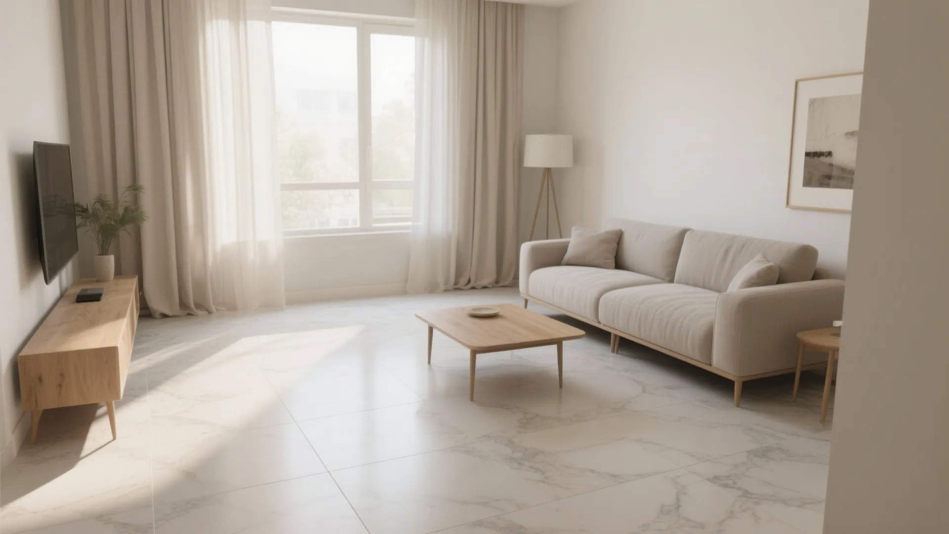 Minimalist living room with beige sofa wooden coffee table marble floor tiles and bright window