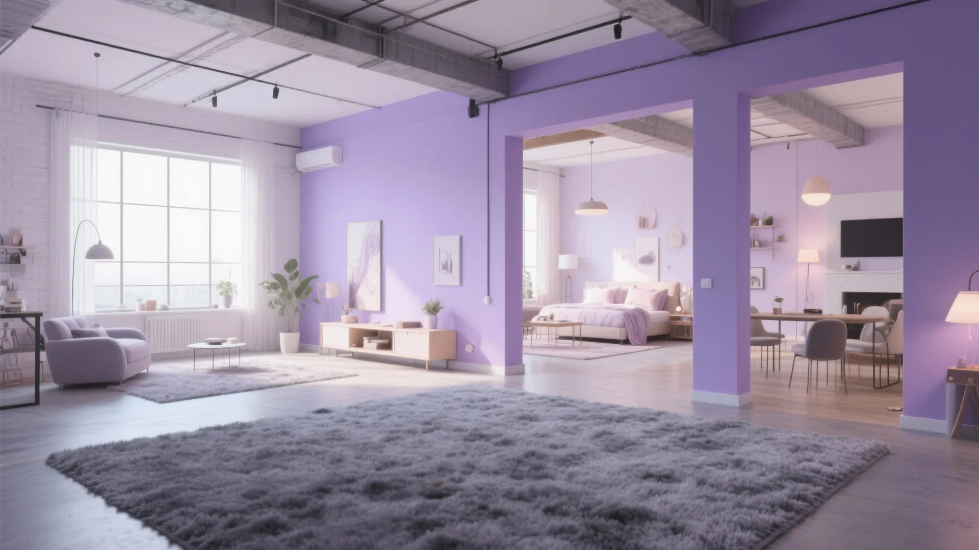 Open-plan loft with light lavender walls and grey carpet
