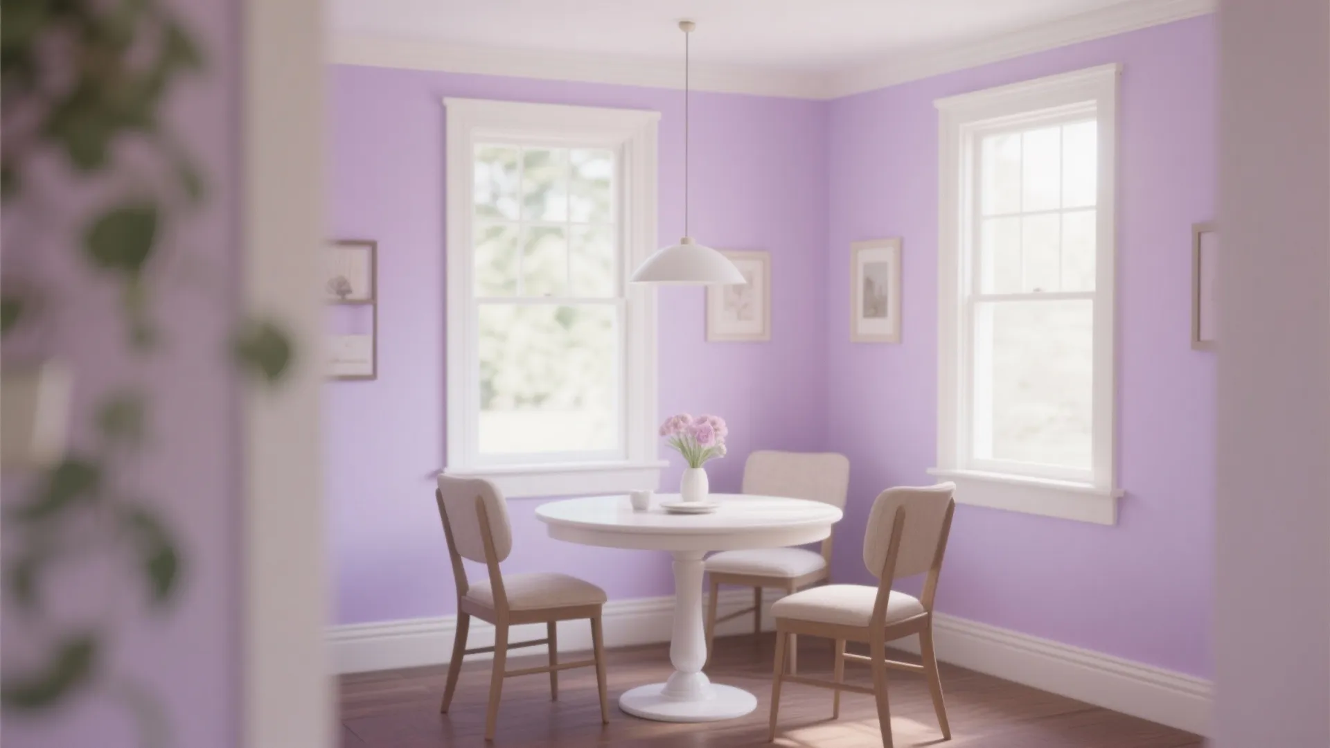 Bright dining area with purple walls white round table three chairs windows and white ceiling light