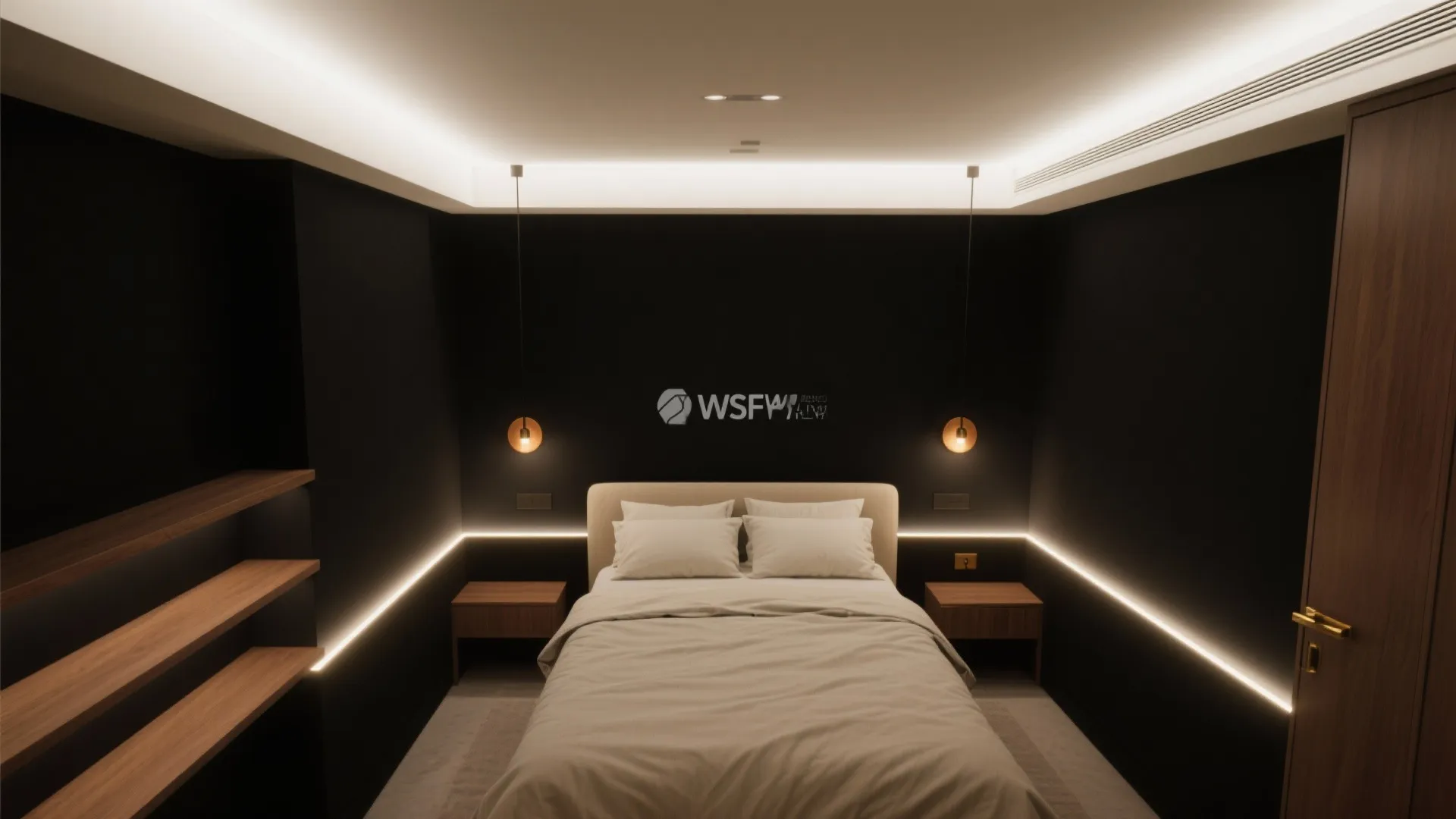 Modern dark bedroom with hidden strip lighting behind bed and shelves including two hanging lights