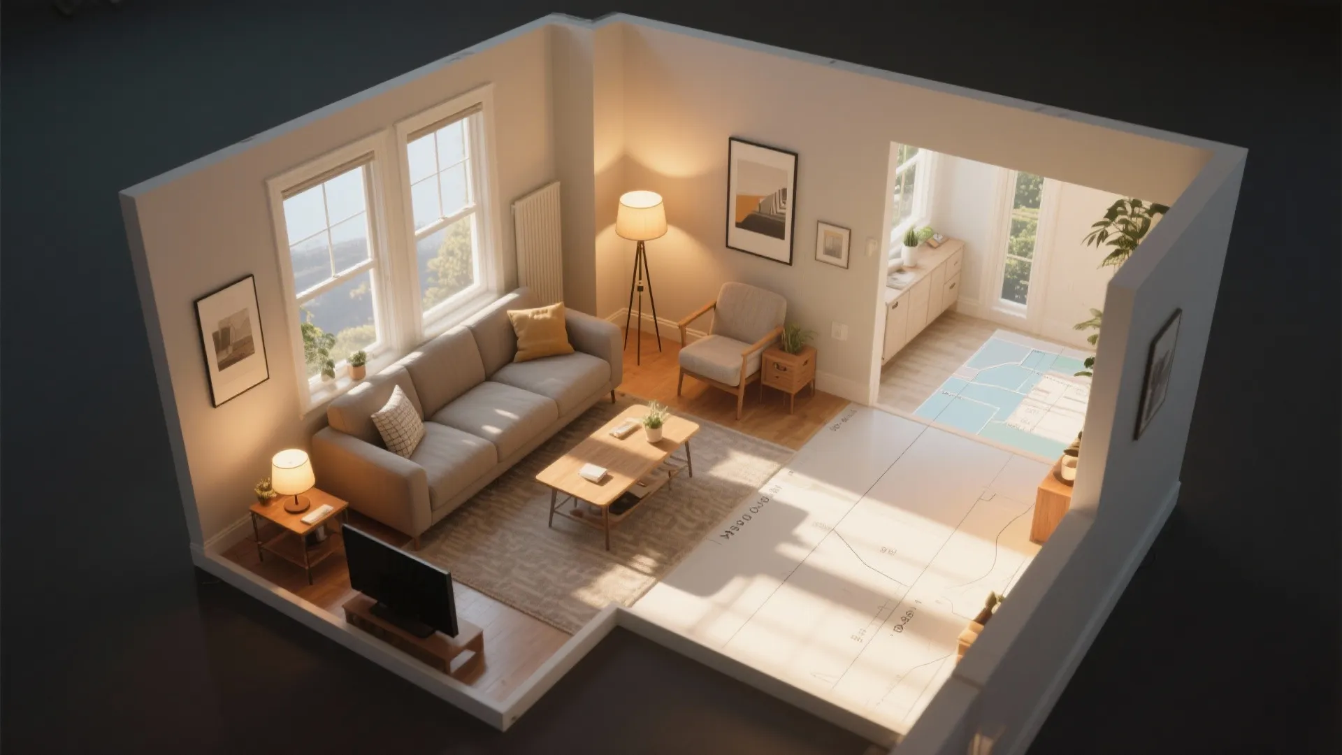 Interior design drawing showing apartment room layout with sofa armchair floor lamp and large windows view