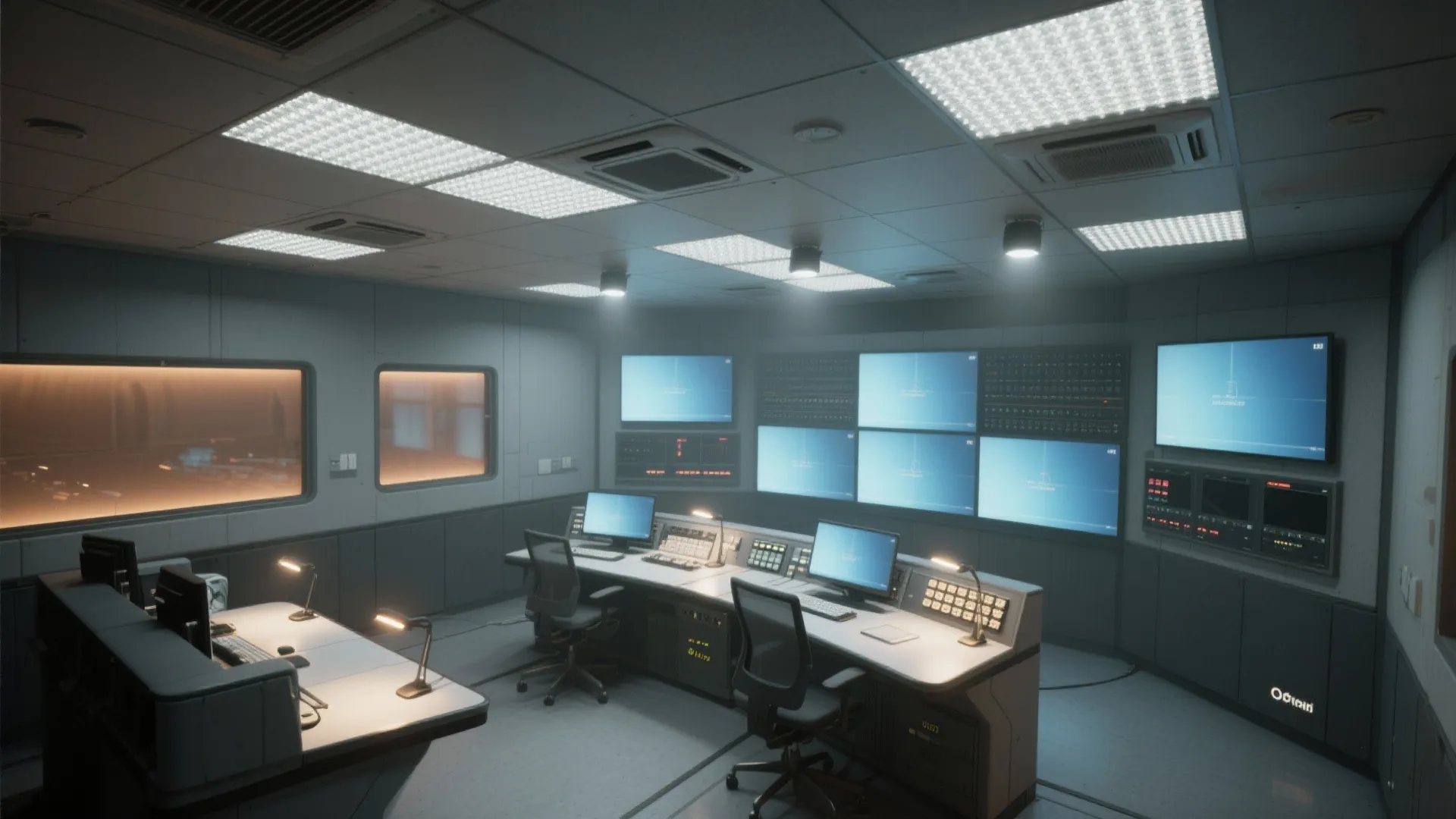 Modern control room with desks computer monitors wall screens ceiling lights and grey office chairs layout