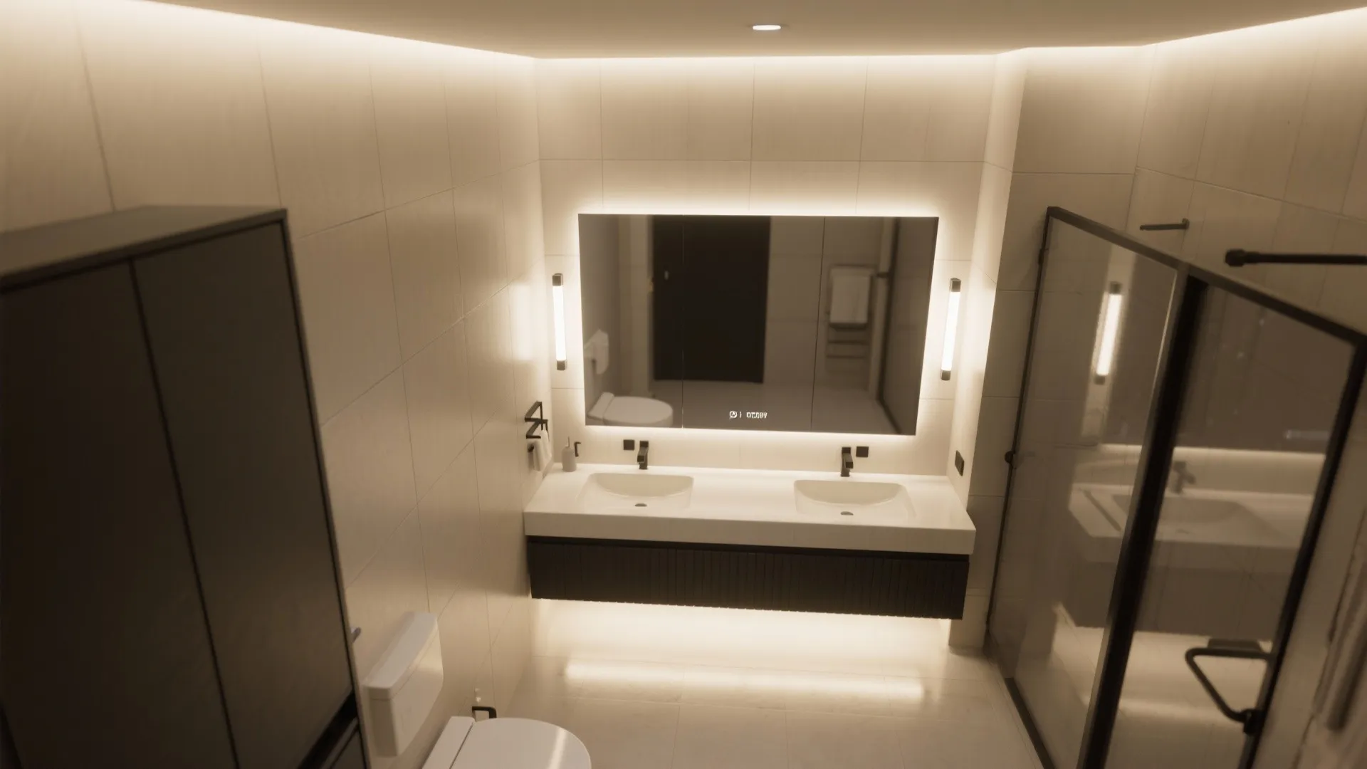 Modern bathroom with double sink vanity backlit mirror wall lights glass shower and white toilet seat