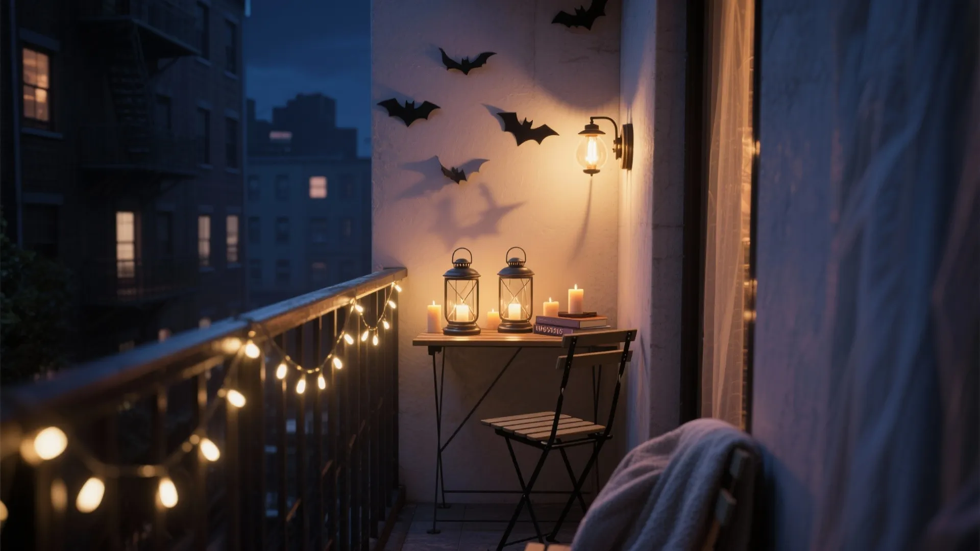 Night balcony with wall light lanterns and bat decorations for a cozy outdoor holiday theme