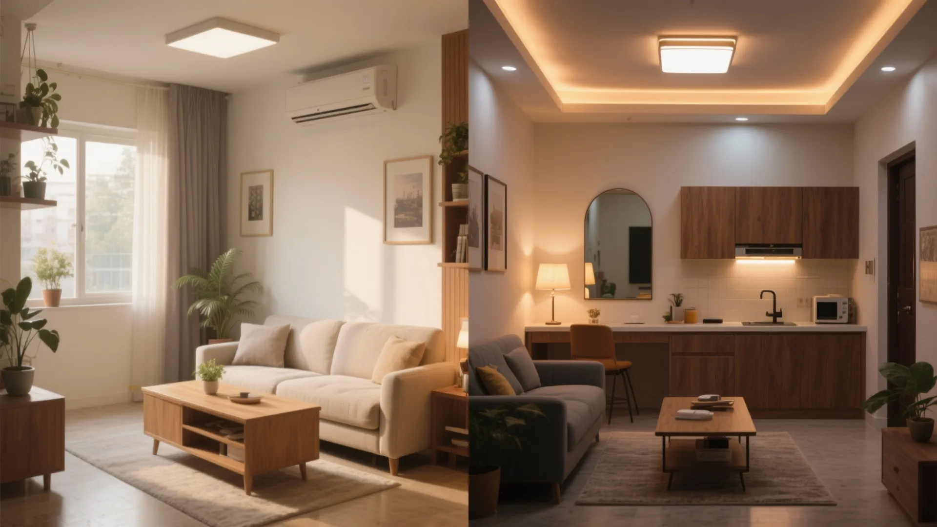 Layered lighting and a light palette to “expand” space