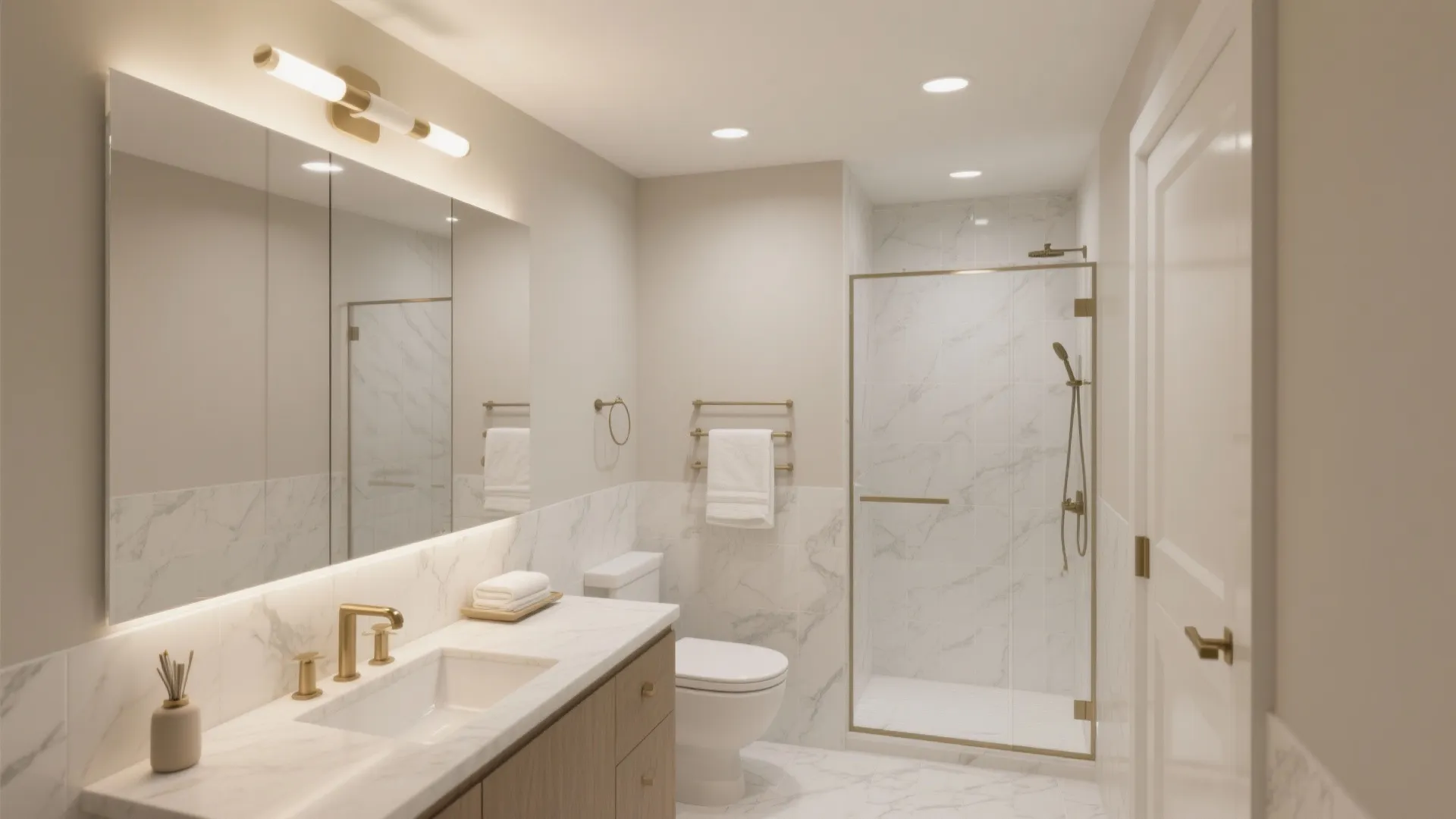 Modern bathroom with marble walls gold faucet wooden cabinet white toilet and glass shower door