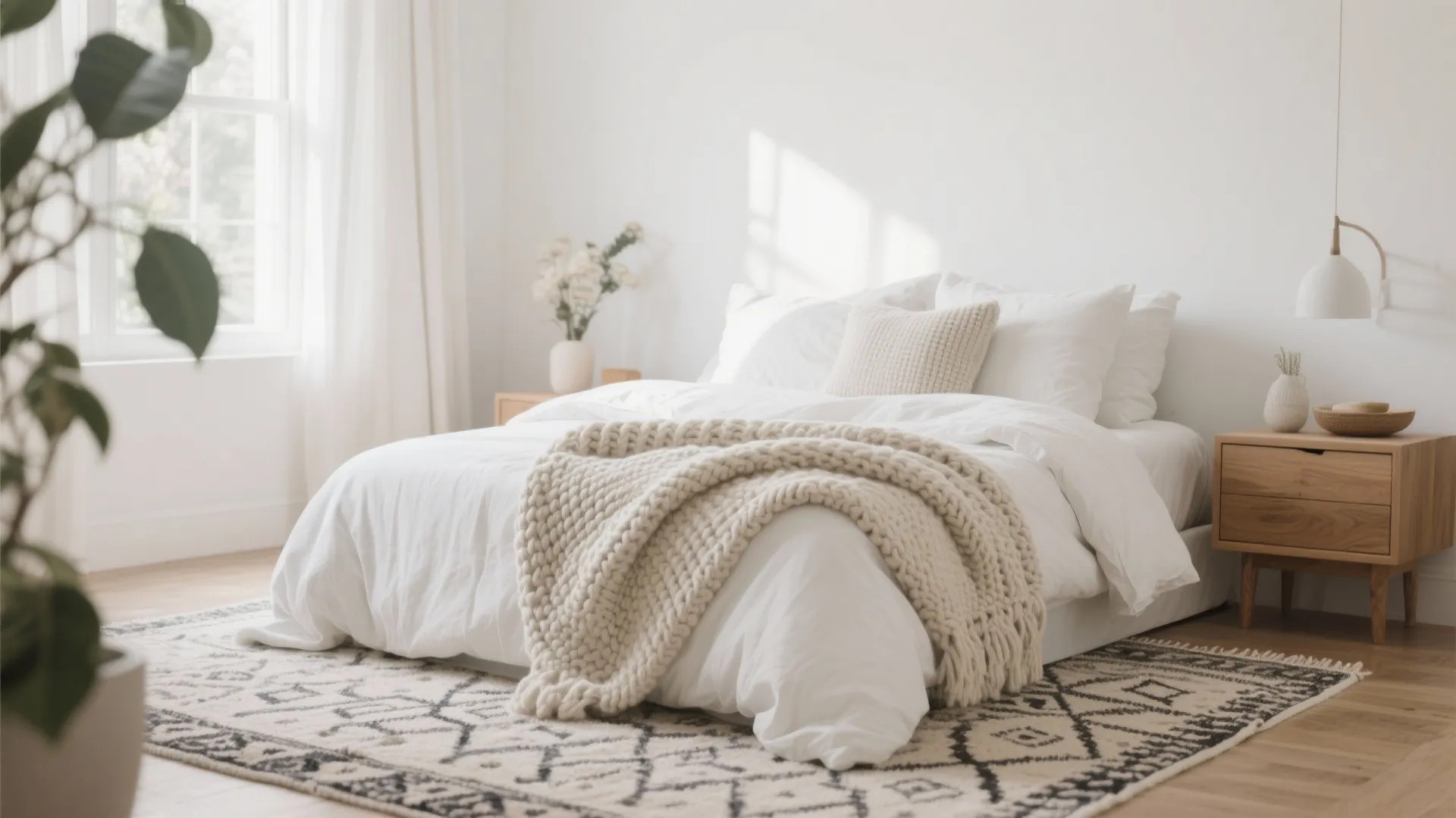 Bright minimalist bedroom featuring white bedding wooden nightstand patterned rug and a small green plant indoor
