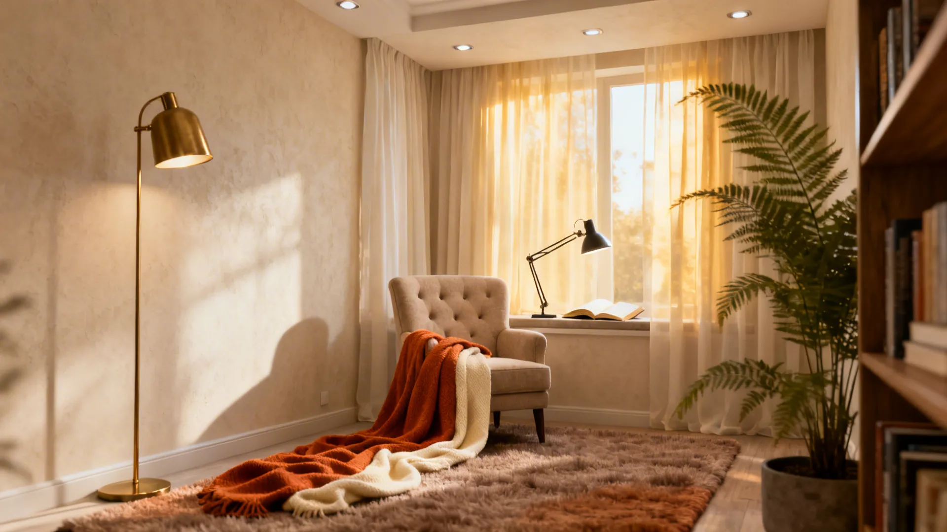 Bright small living room with warm neutral walls and layered lighting including floor and task lamps.