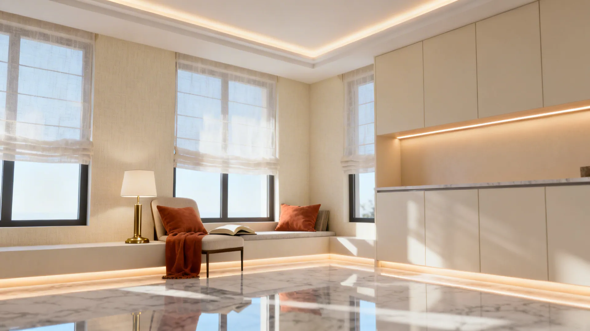 Bright apartment interior with light palette and layered ambient, task, and accent lighting