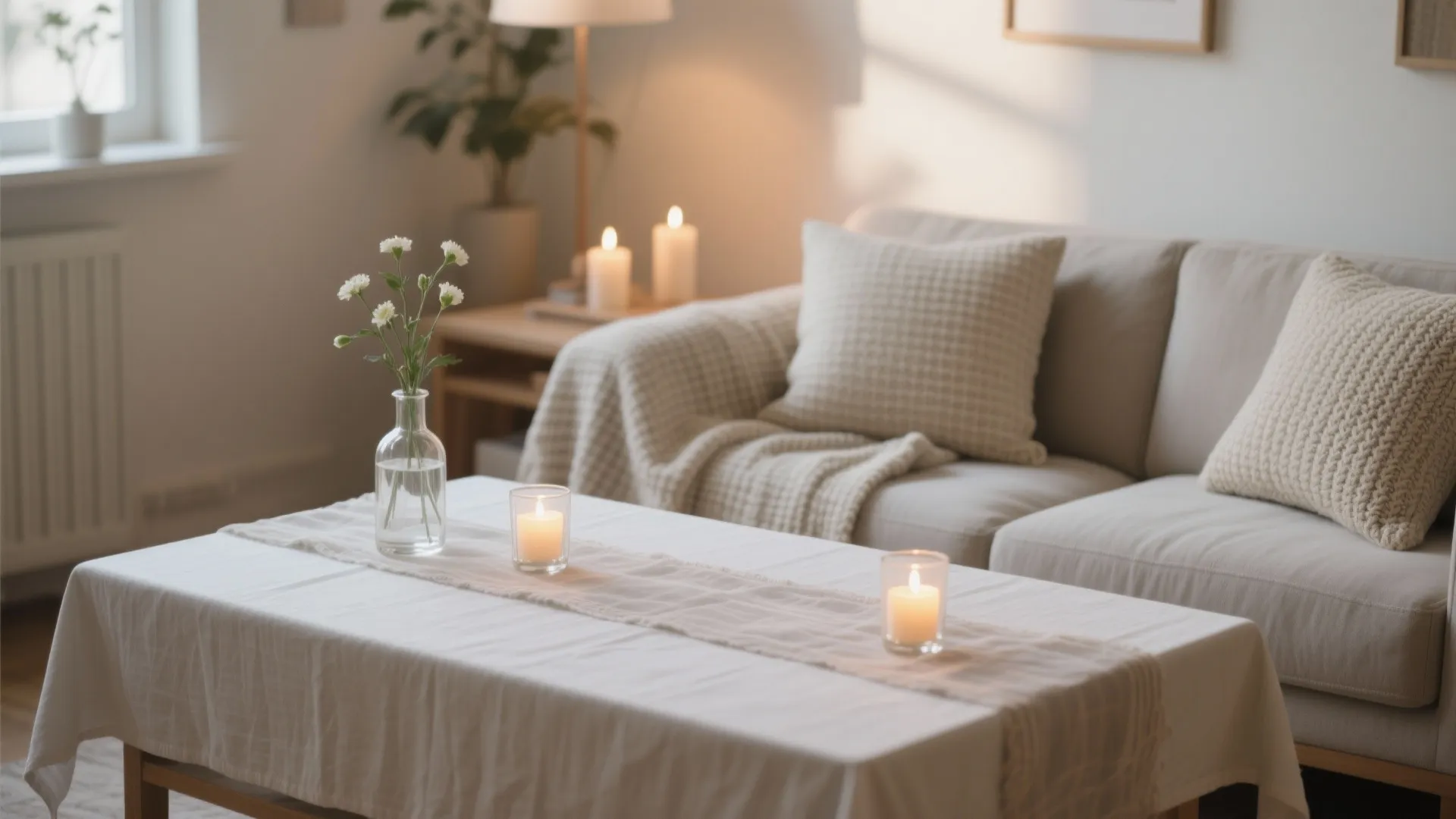 Small living room with sheer table runner, textured throw, and LED candles creating warm layers.