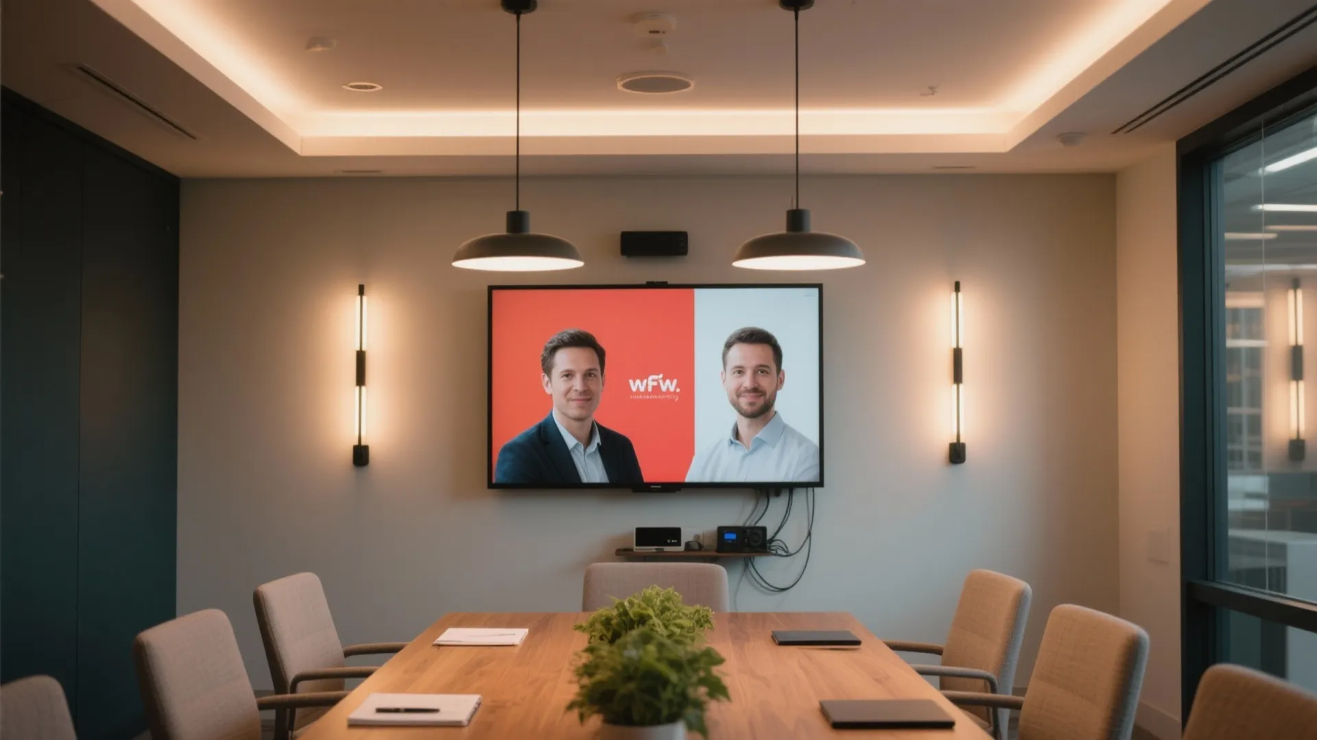 Conference room with wooden table black ceiling lights wall lights and video screen showing two men