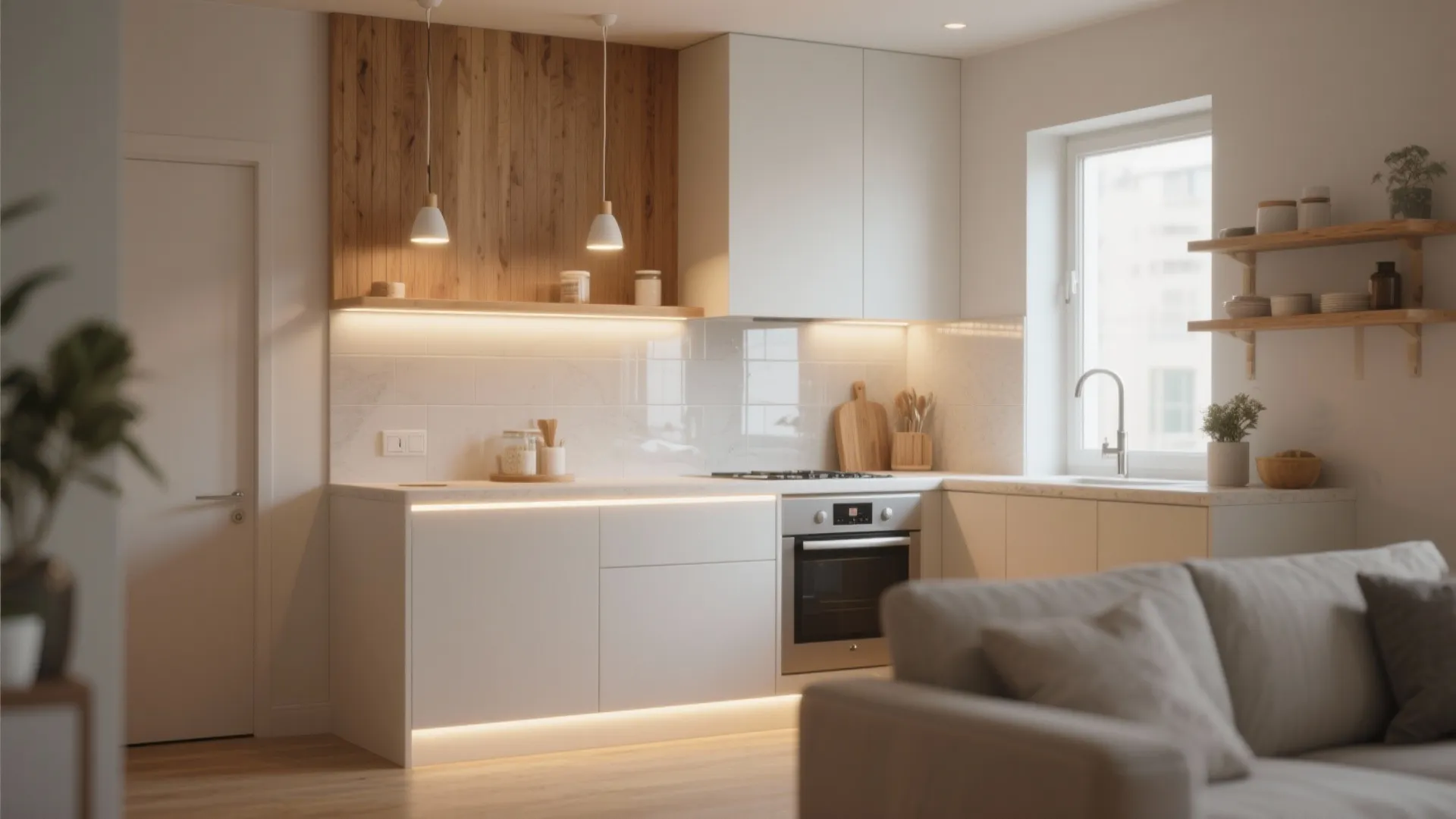 Modern white kitchen featuring warm light strips under cabinets and wooden panel behind hanging ceiling lights