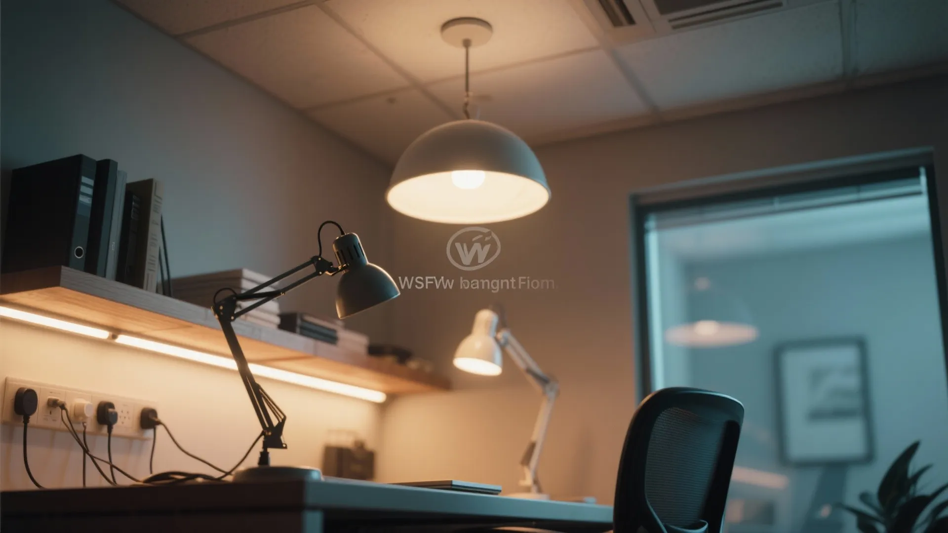 Office desk with black desk lamp white ceiling light wall light and chair in evening