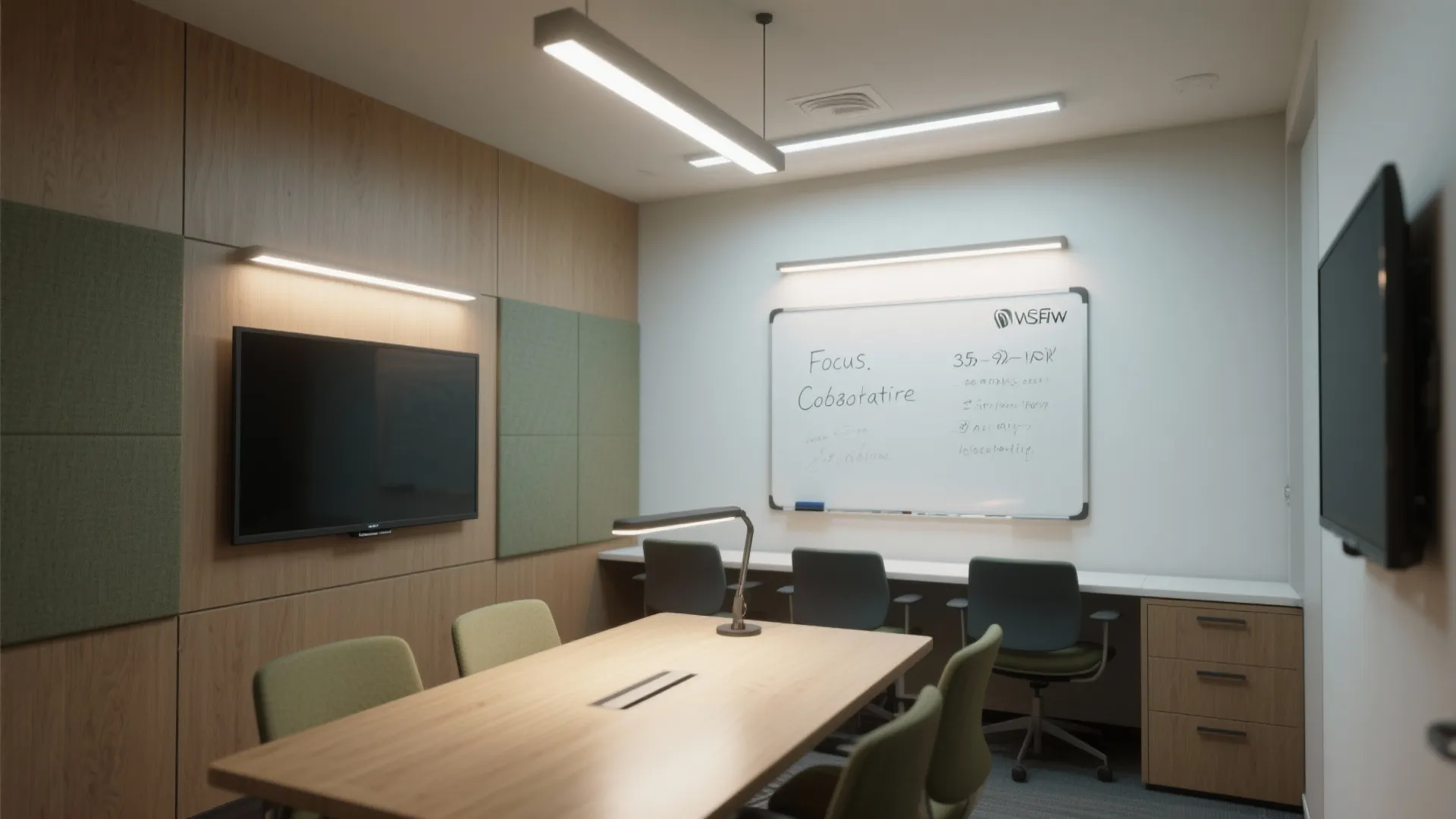 Layered lighting in a small study room with low-glare ambient, task light, and board wall wash.