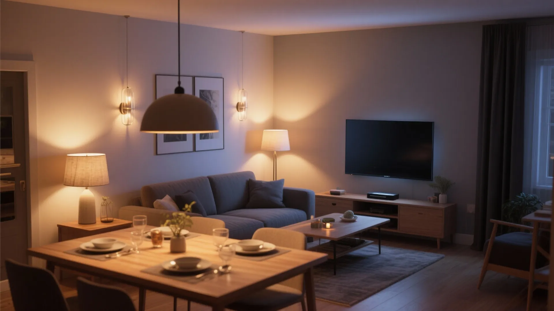 Layered Lighting + Glare Control (TV Comfort Meets Dinner Mood)