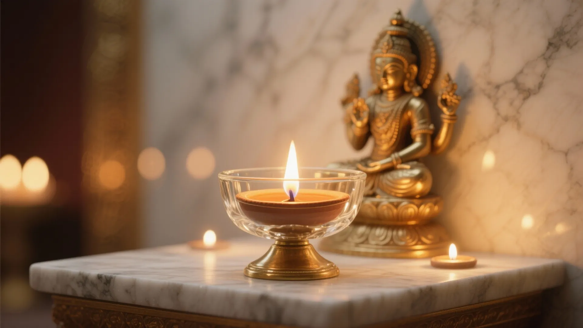 Close up of burning oil lamp on marble table with golden statue in the background