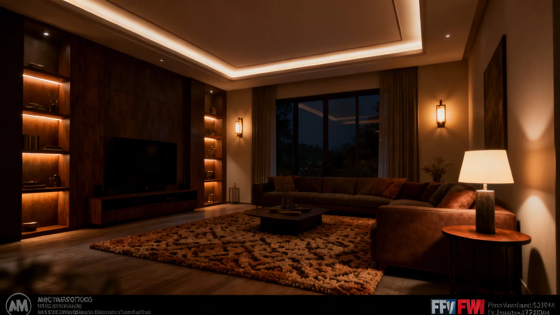 Living room demonstrating layered lighting: ambient, task, and accent lights creating depth