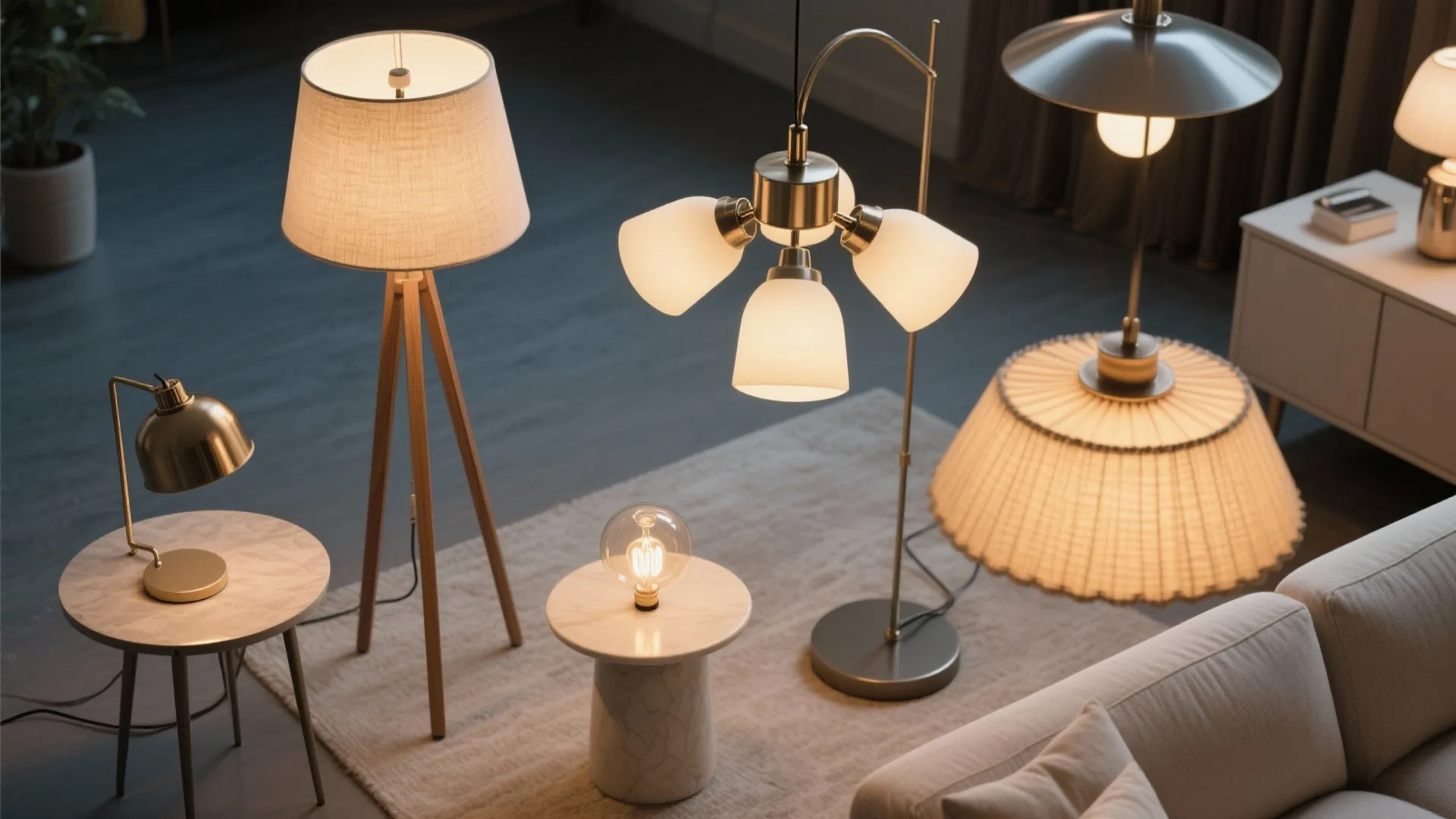 Various warm light fixtures including floor lamps and table lights placed on a grey floor