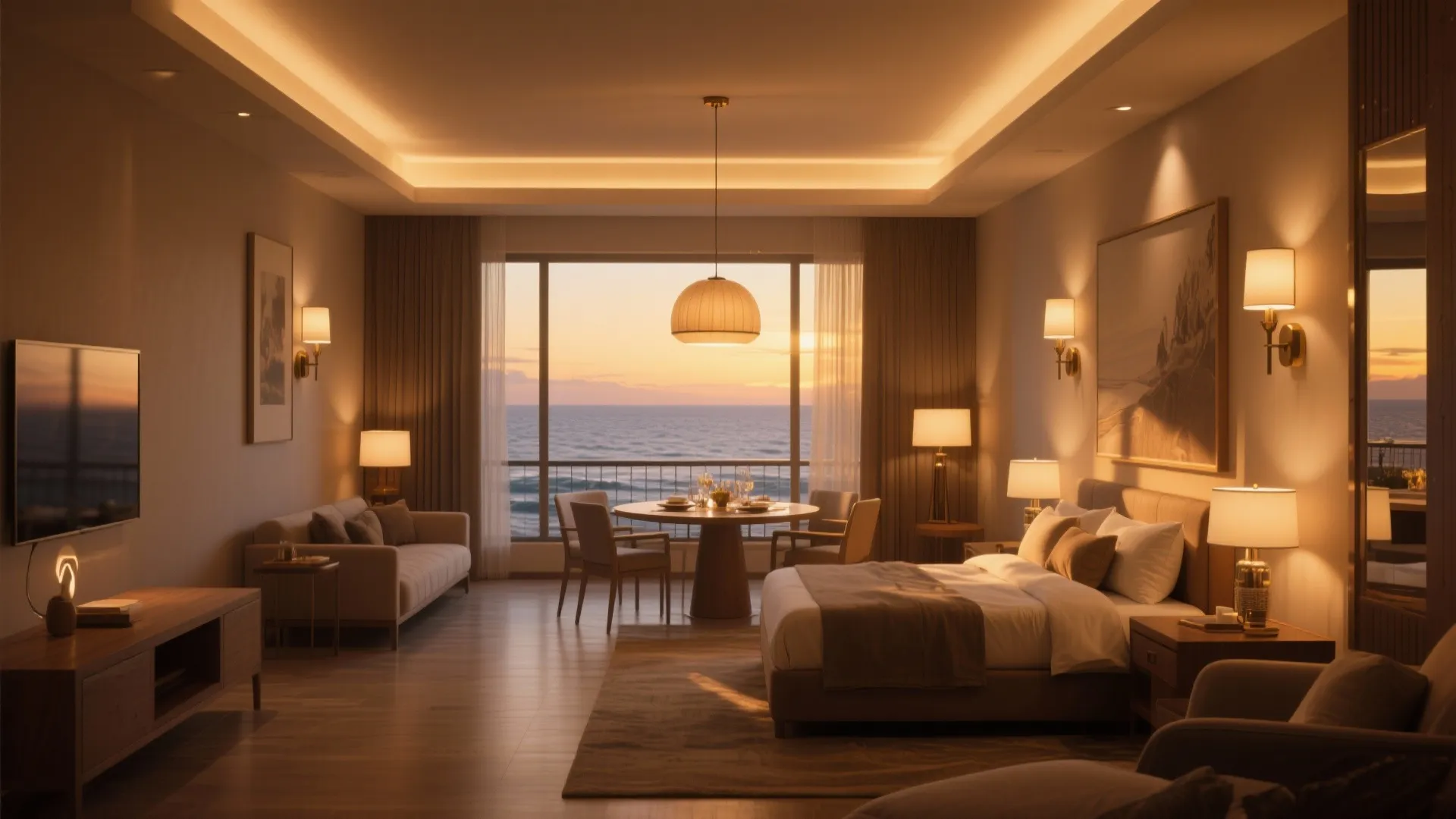Evening interior of suite with layered lighting recreating a warm golden-hour glow for ambiance and photos
