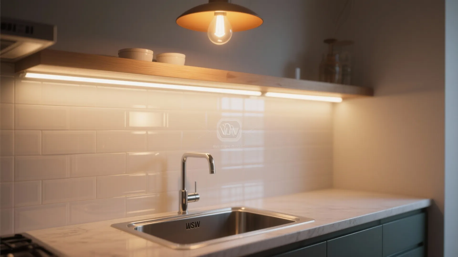 Kitchen sink with layered light sources and glossy tile backsplash