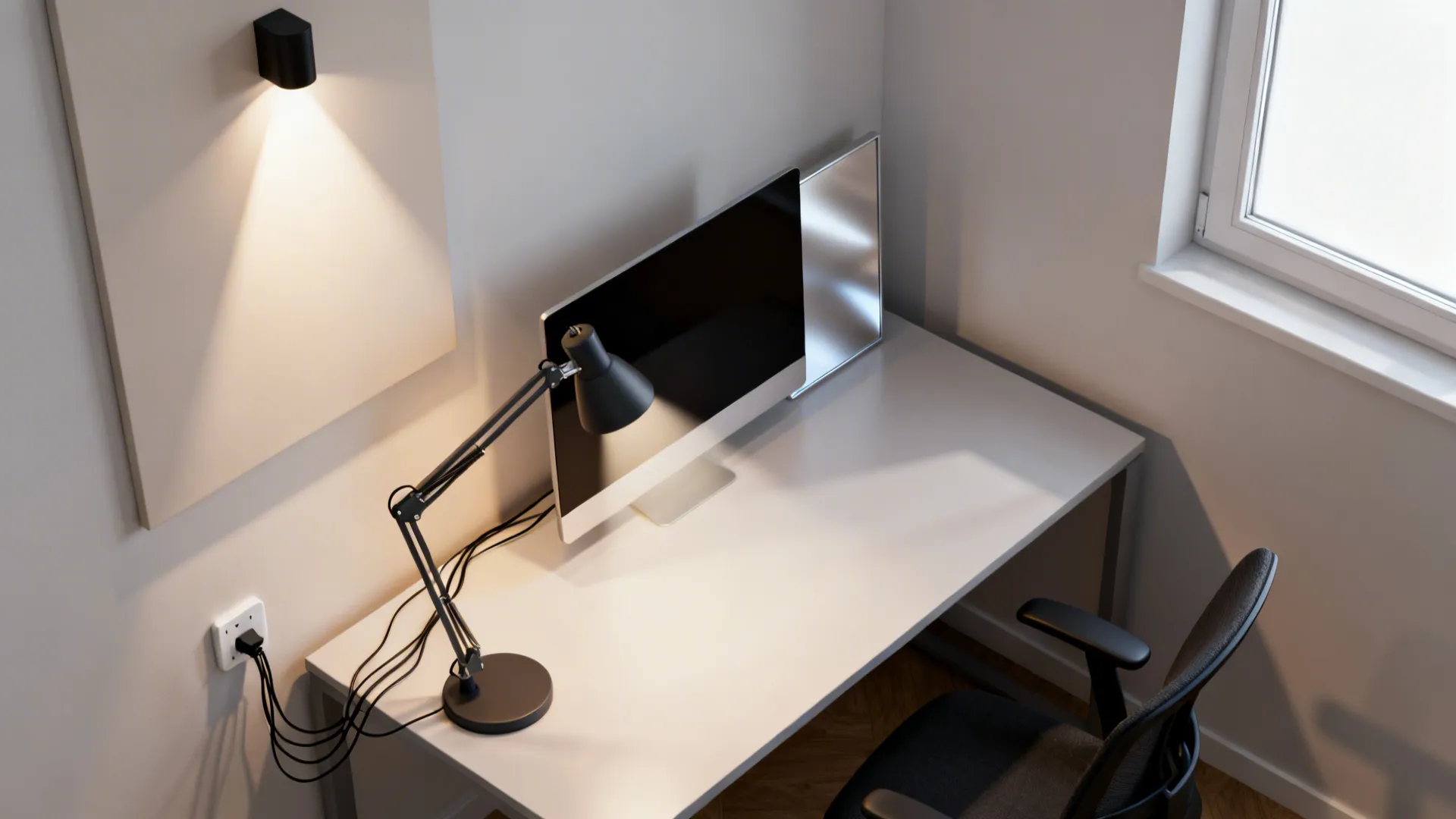 Top-down small office lighting plan showing ambient, task, and bounce layers.