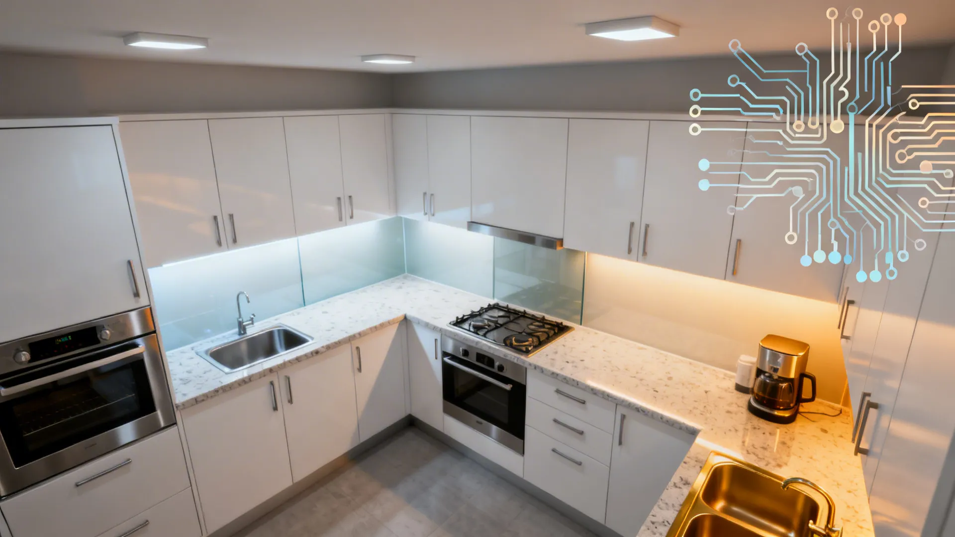 Top-down compact kitchen showing layered lighting in prep, cook, and coffee zones.