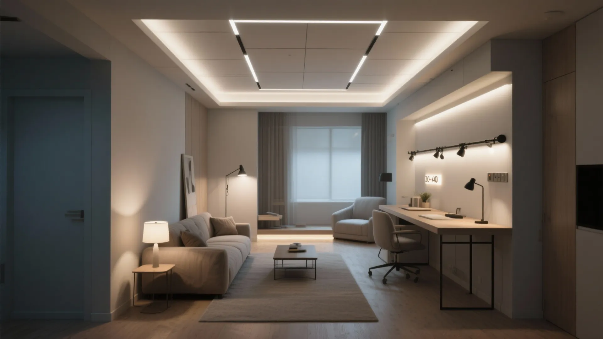 Home office with sofa and desk area showing multiple light fixture types for better room lighting