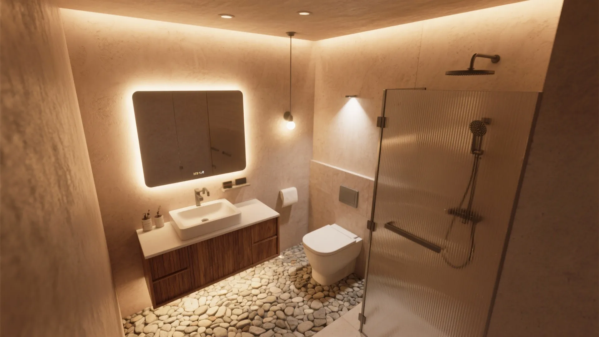 Modern bathroom with backlit mirror pebble floor glass shower door wooden cabinet and warm hanging light