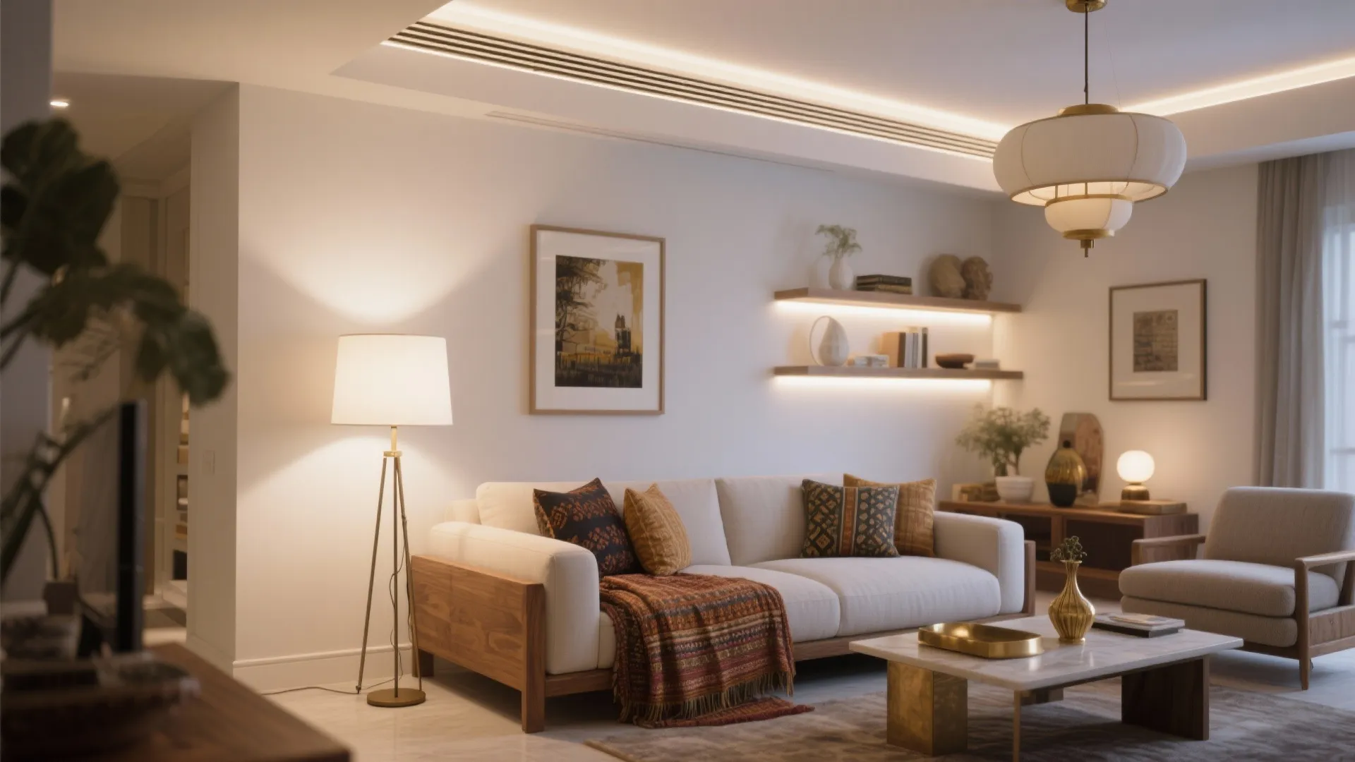 Warm living room with white sofa floor lamp ceiling light wall shelves and marble table