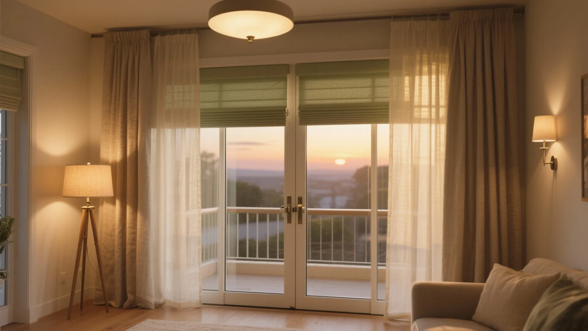 Cozy living room at sunset with floor lamp ceiling light wall light and balcony view