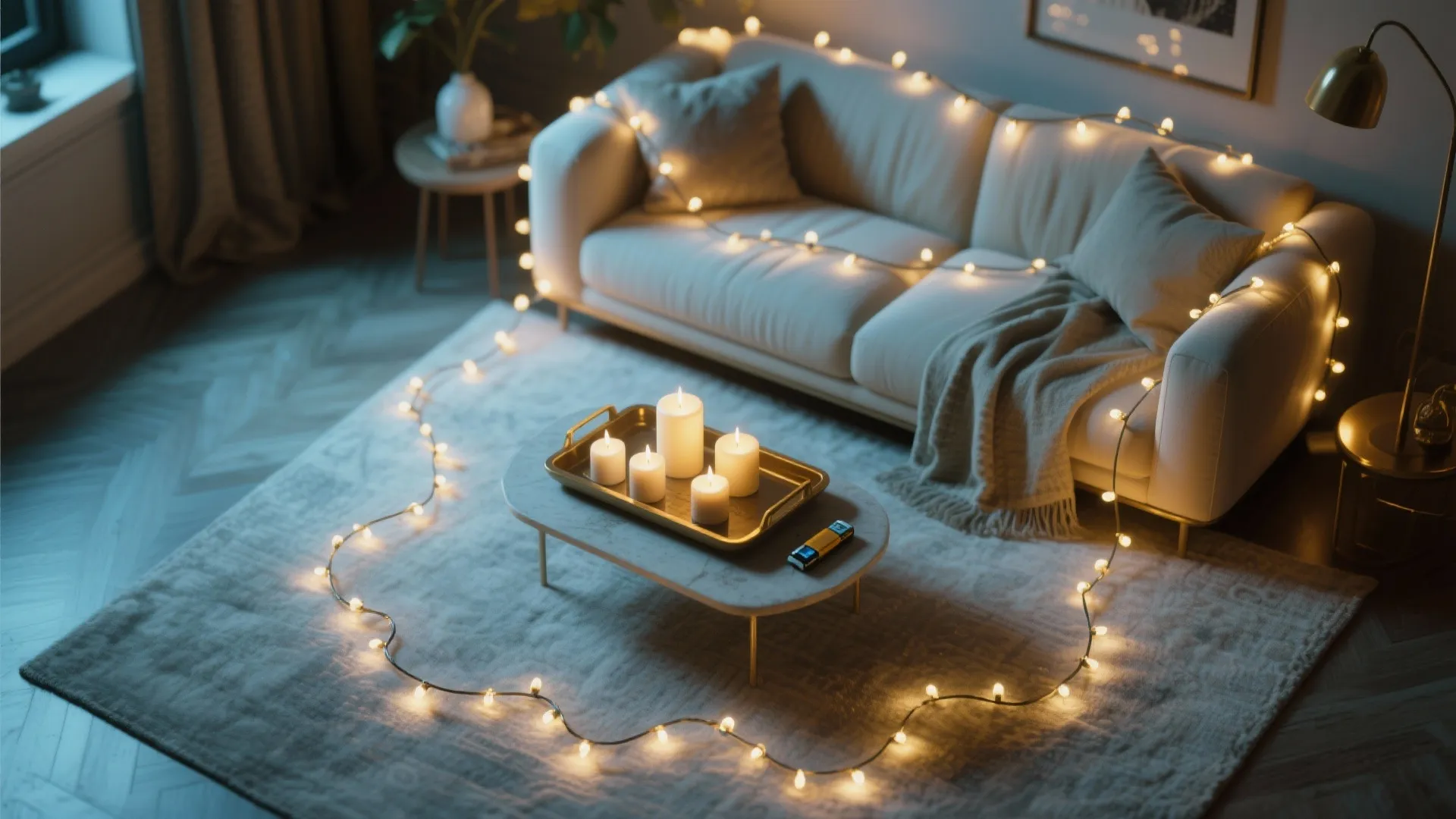 Cozy living room with white sofa decorated with string lights and candles on small table